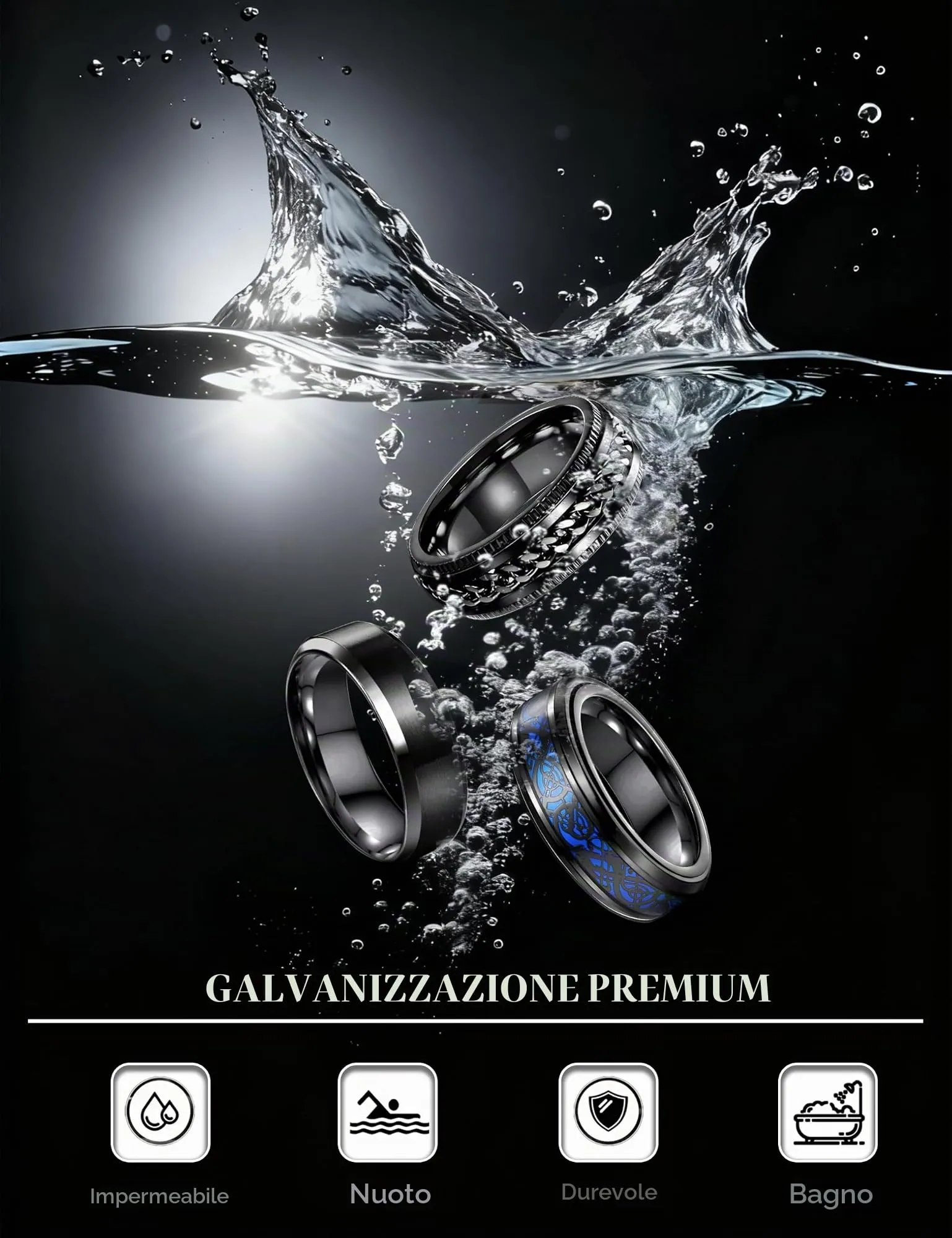 Milacolato Set di 3 Anelli Uomo in Acciaio Inossidabile Nero, Anello Spinner a Catena, Anello con Motivo Drago e Fascia Lucida, 8mm - immagine 2