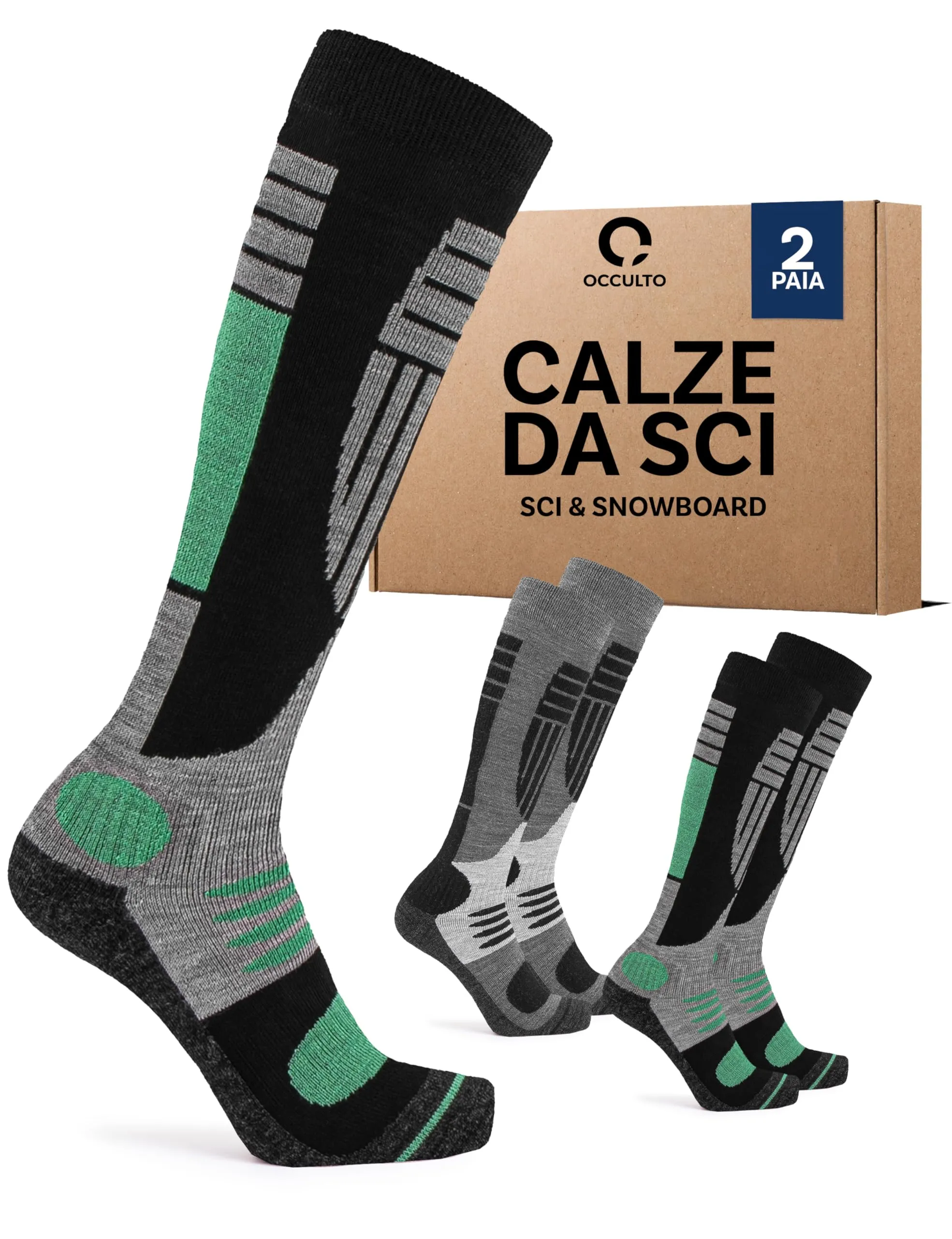 Occulto Calze da Sci Uomo Felix, 2 Paia Verde Nero, 43-46 - immagine 1