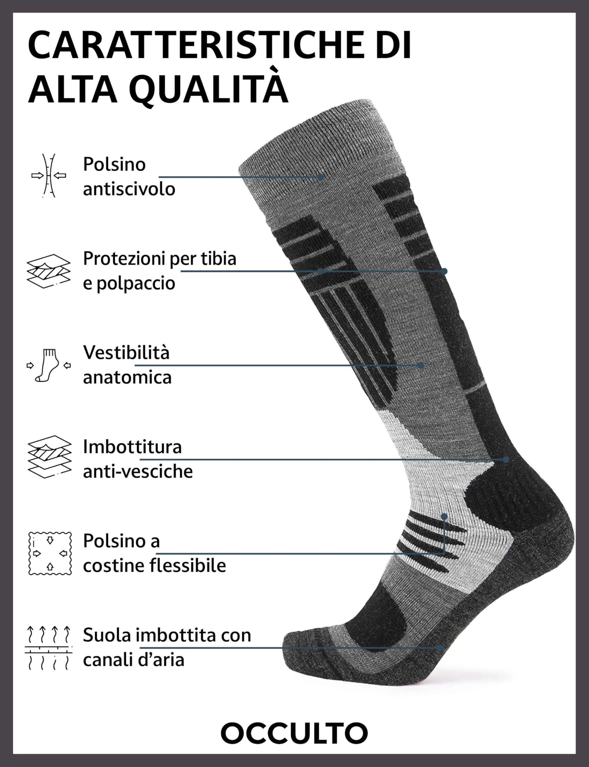 Occulto Calze da Sci Uomo Felix, 2 Paia Verde Nero, 43-46 - immagine 3