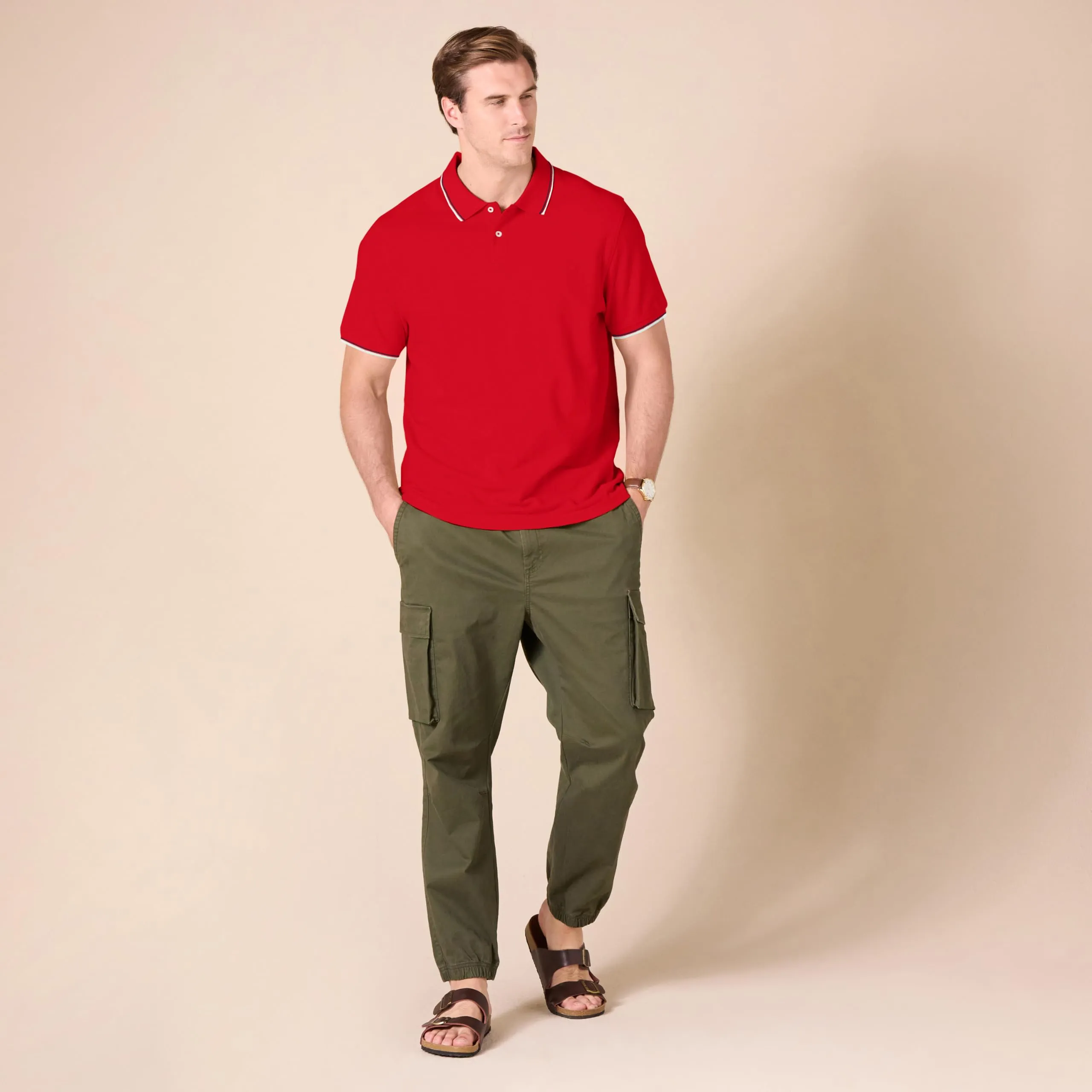 Amazon Essentials Polo in Piqué di Cotone Slim Uomo, Rosso Thin Stripe, XL - immagine 7