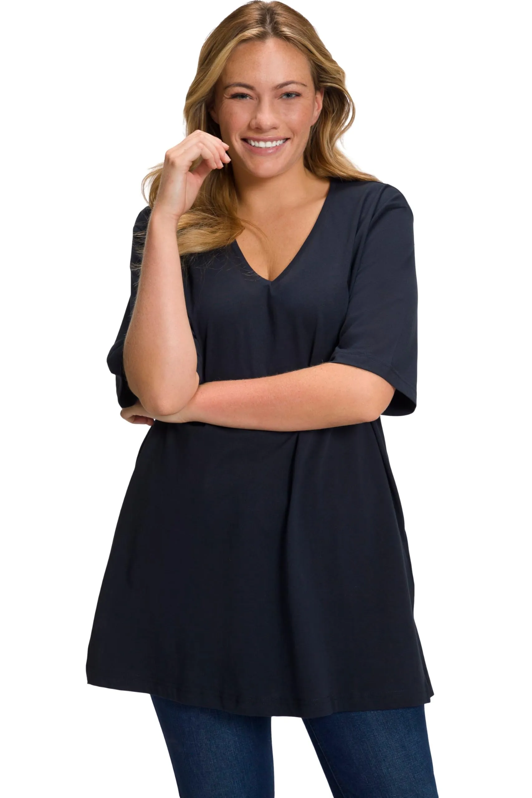 Ulla Popken Maglietta Basic Scollo a V Mezza Manica Donna, Blu Nero, 52-54 - immagine 1
