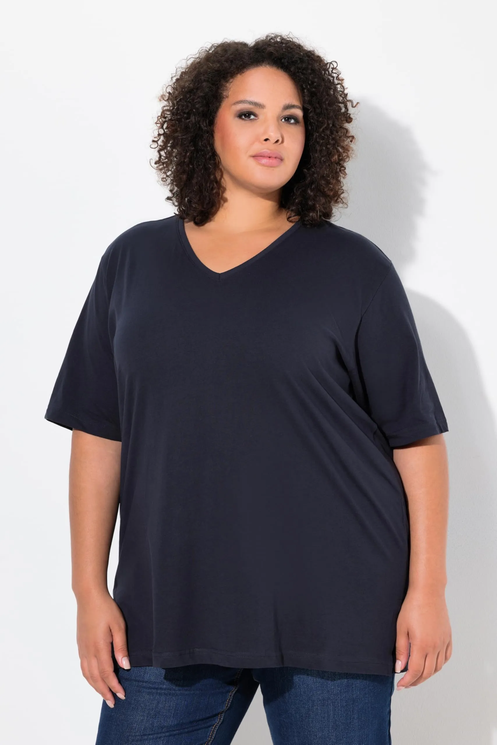 Ulla Popken Maglietta Basic Scollo a V Mezza Manica Donna, Blu Nero, 52-54 - immagine 5