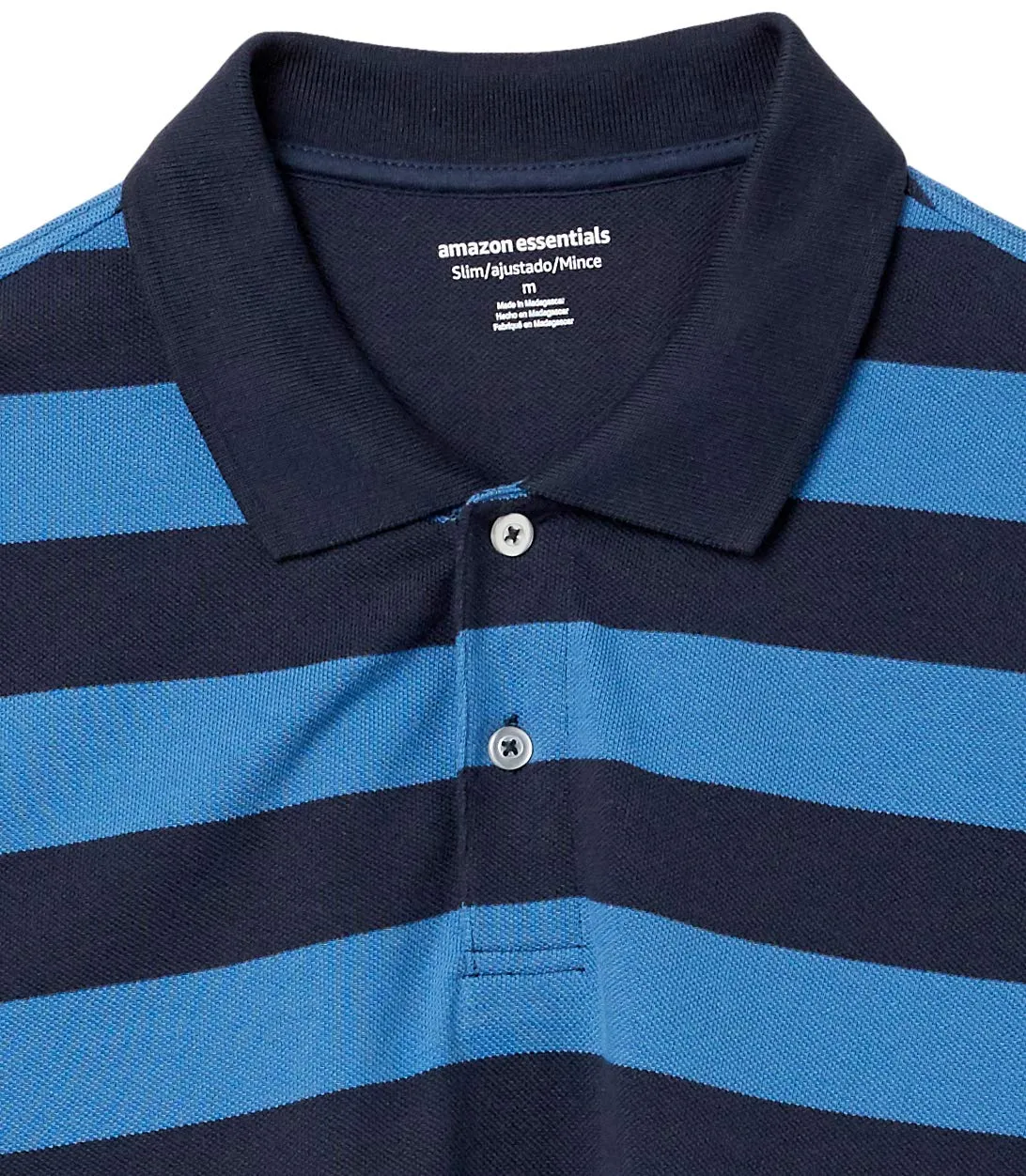 Amazon Essentials Men's Slim-Fit Cotton Piqué Polo, Navy Blue Rugby Stripes, L - immagine 6