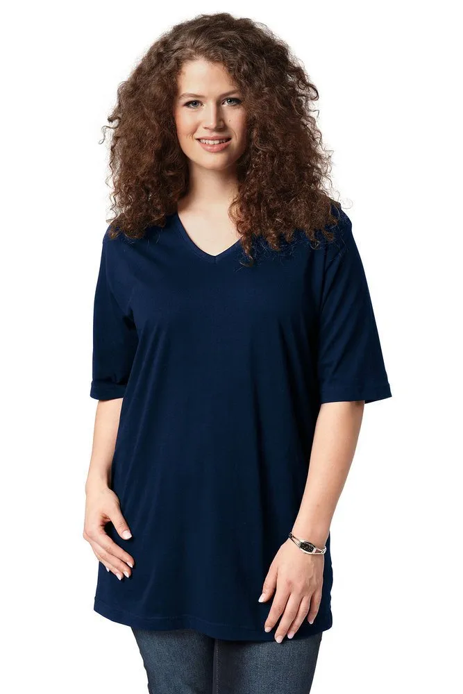 Ulla Popken Maglietta Basic Scollo a V Mezza Manica Donna, Blu Nero, 68-70 - immagine 2