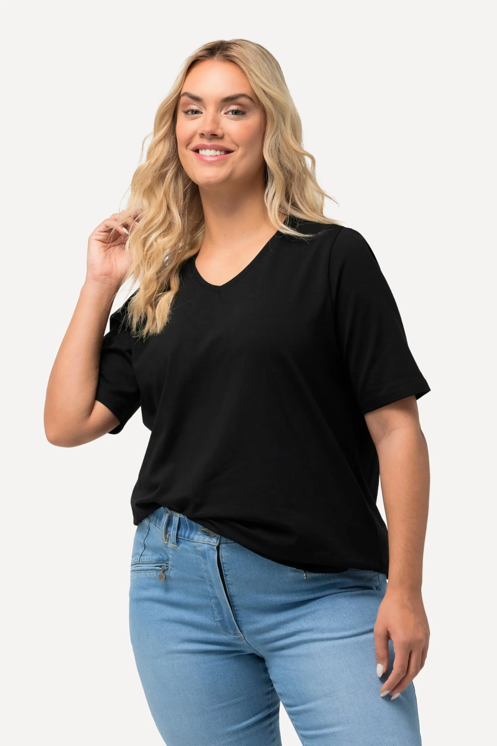 Ulla Popken Maglietta Basic Scollo a V Mezza Manica Donna, Nero, 52-54 - immagine 8