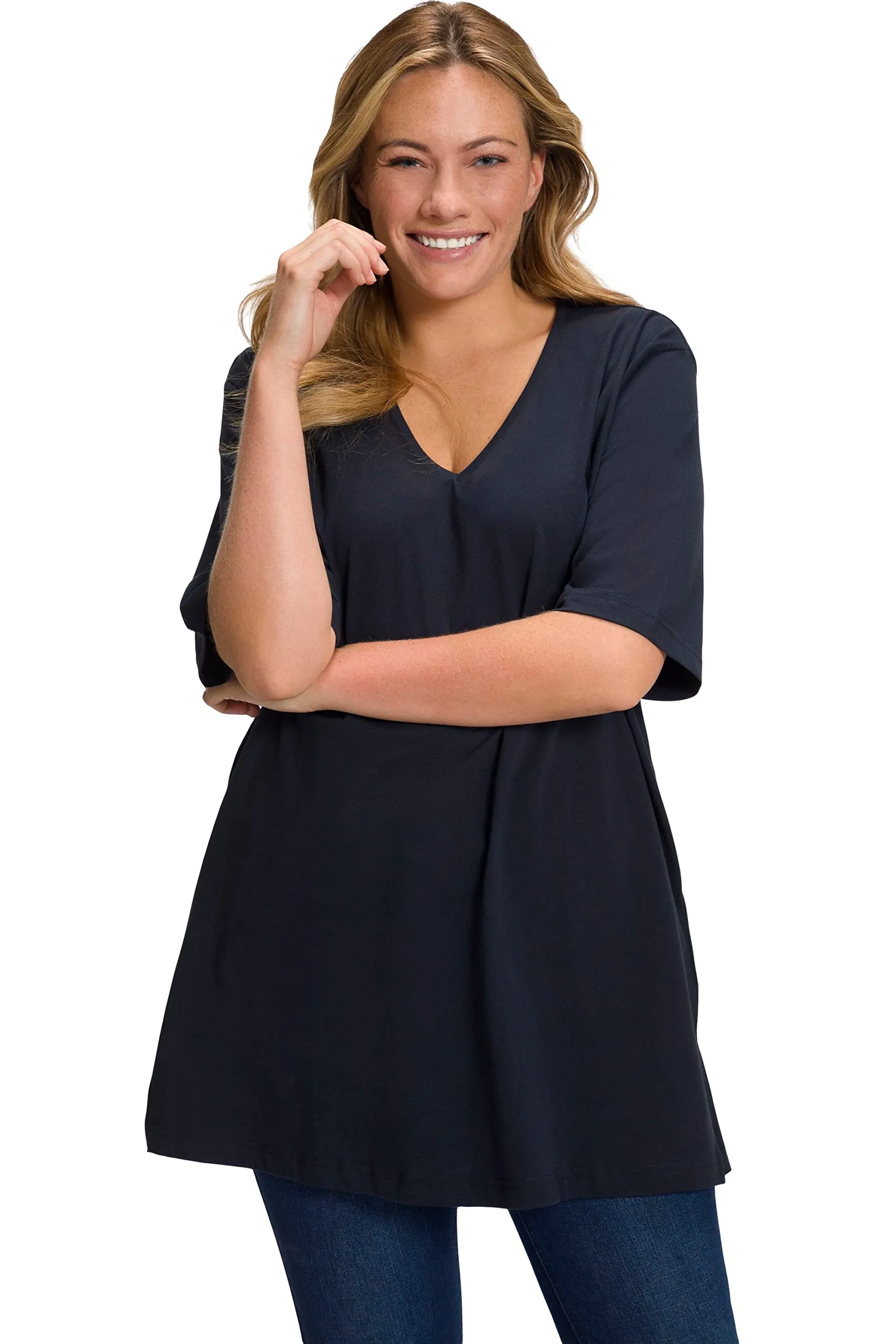 Ulla Popken Maglietta Basic Scollo a V Mezza Manica Donna, Blu Nero, 64-66 - immagine 1
