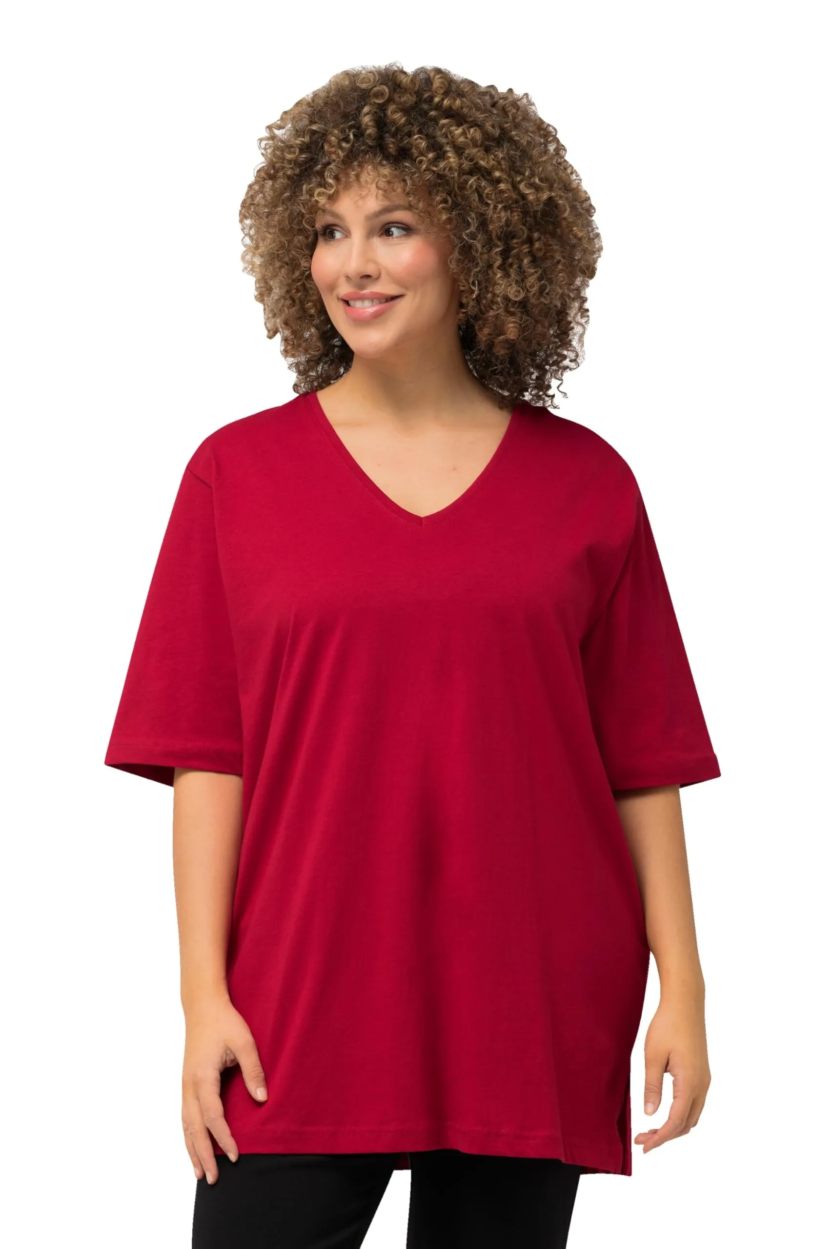 Ulla Popken Maglietta Basic Scollo a V Rilassata Mezza Manica Donna, Papavero, 64-66 - immagine 1
