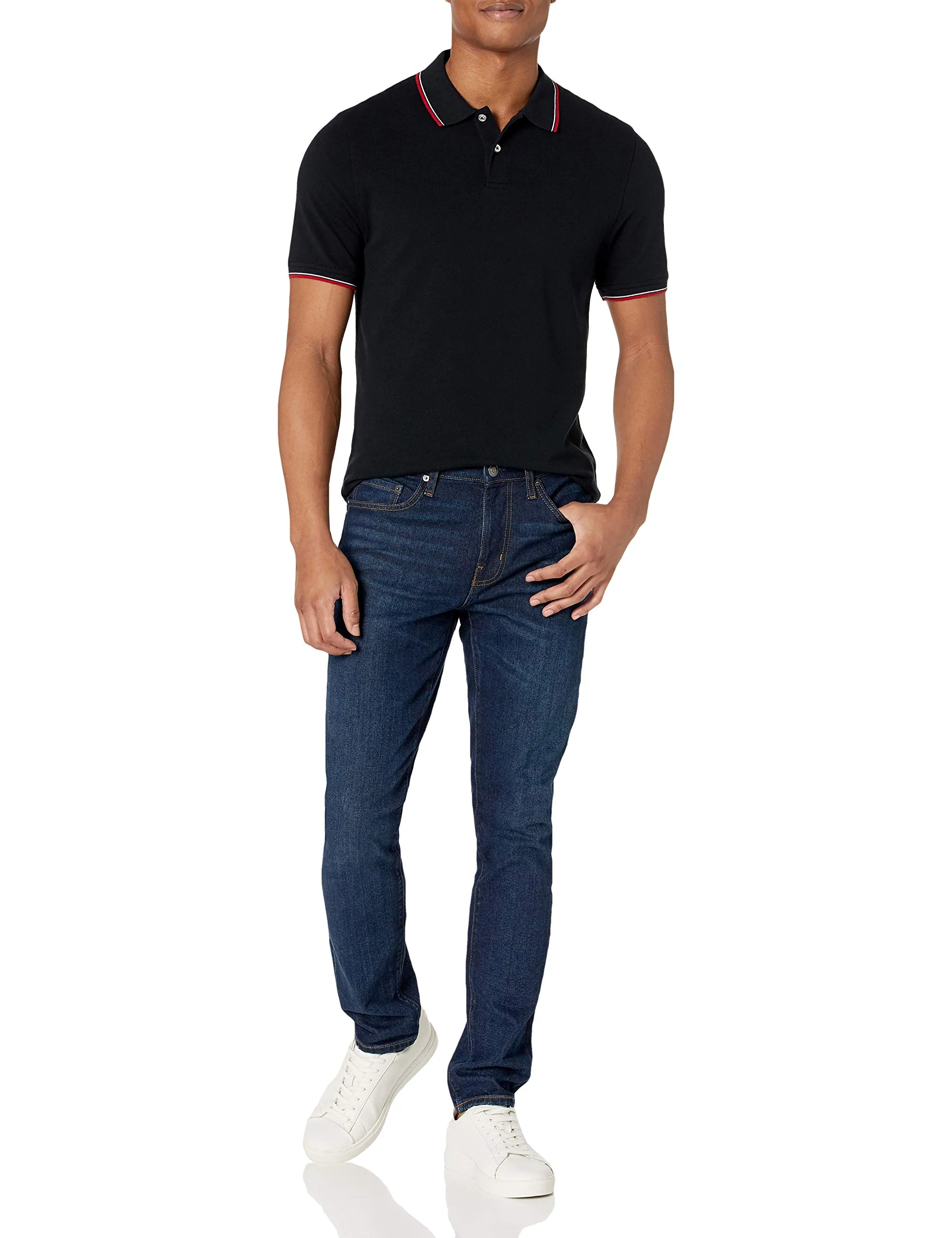 Amazon Essentials Men's Slim-Fit Cotton Piqué Polo, Nero Thin Stripe, M - immagine 6