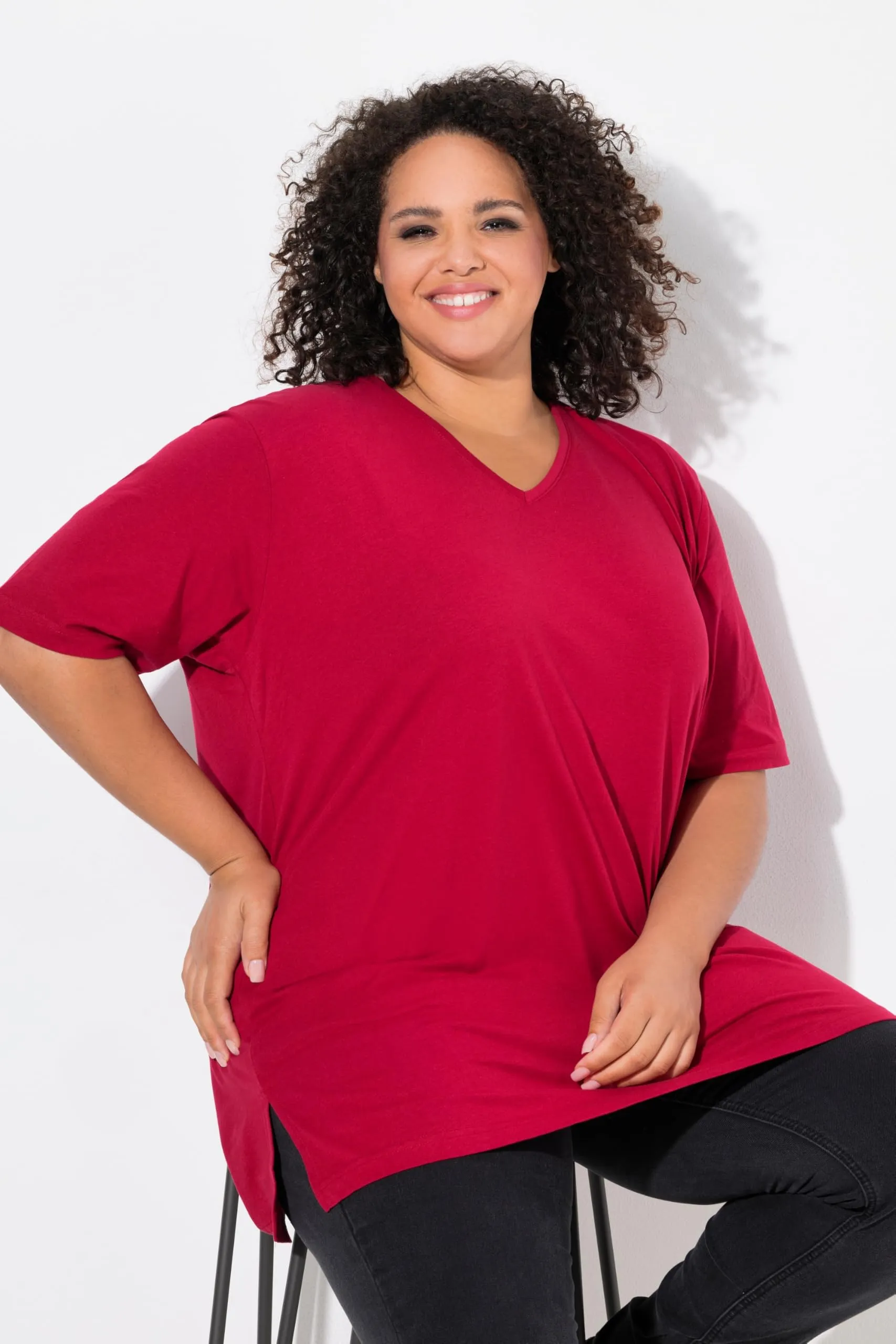 Ulla Popken Maglietta Basic Scollo a V Mezza Manica Donna Papavero 68-70 - immagine 5