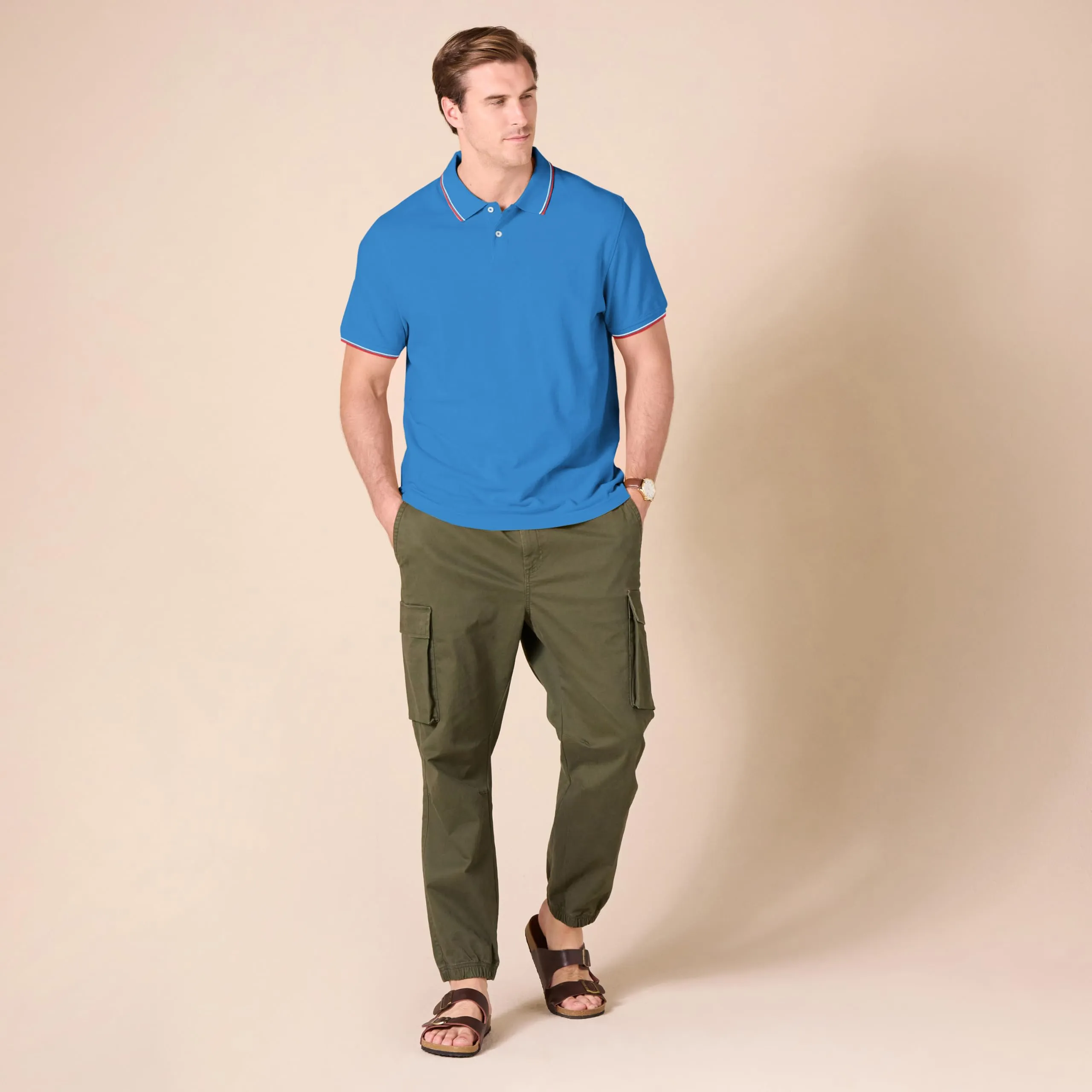 Amazon Essentials Men's Slim Fit Cotton Piqué Polo, Blu Thin Stripe, M - immagine 8