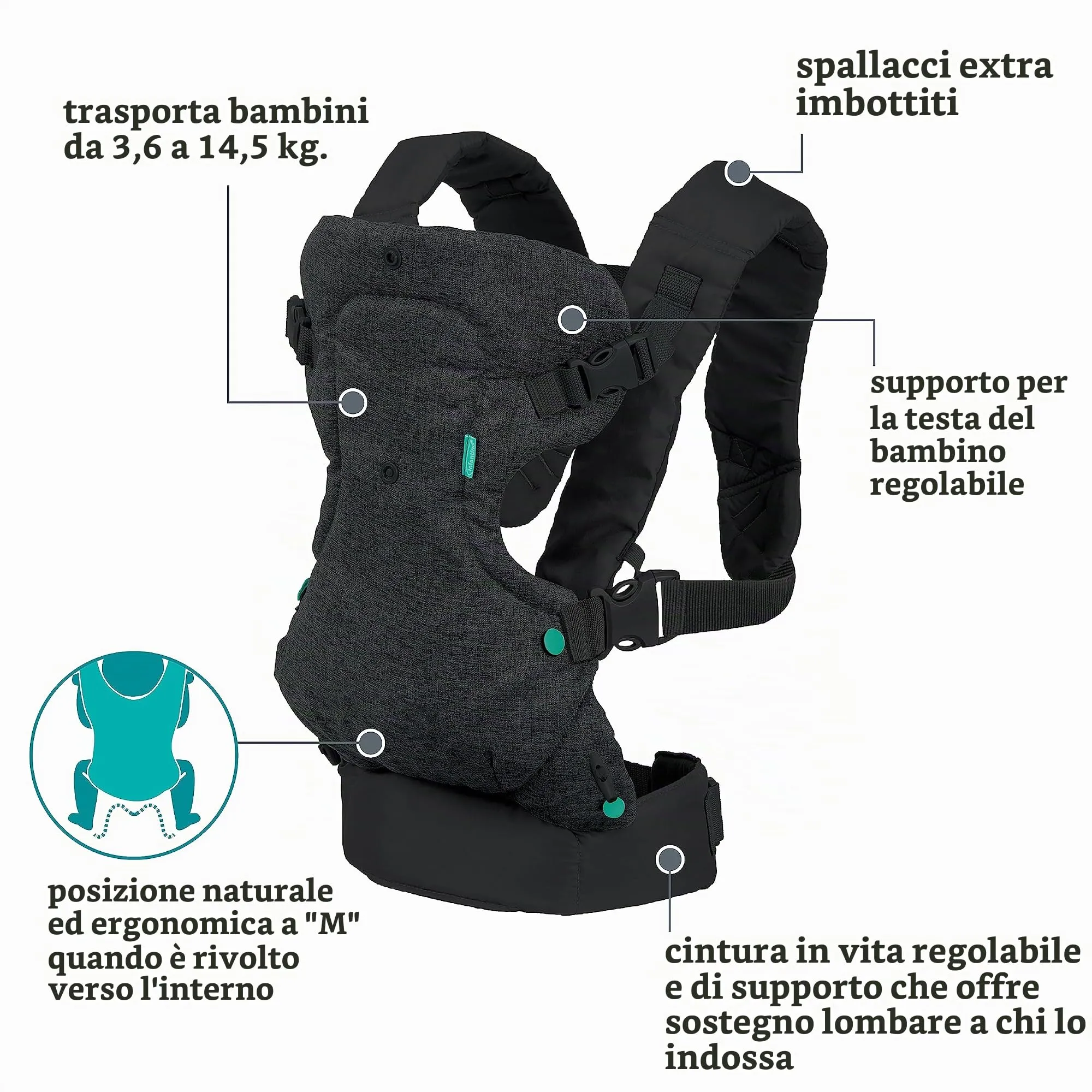 Infantino Flip Advanced 4-in-1 Ergonomic Convertible Baby Carrier, 3.6 to 14.5 kg, Black - immagine 5