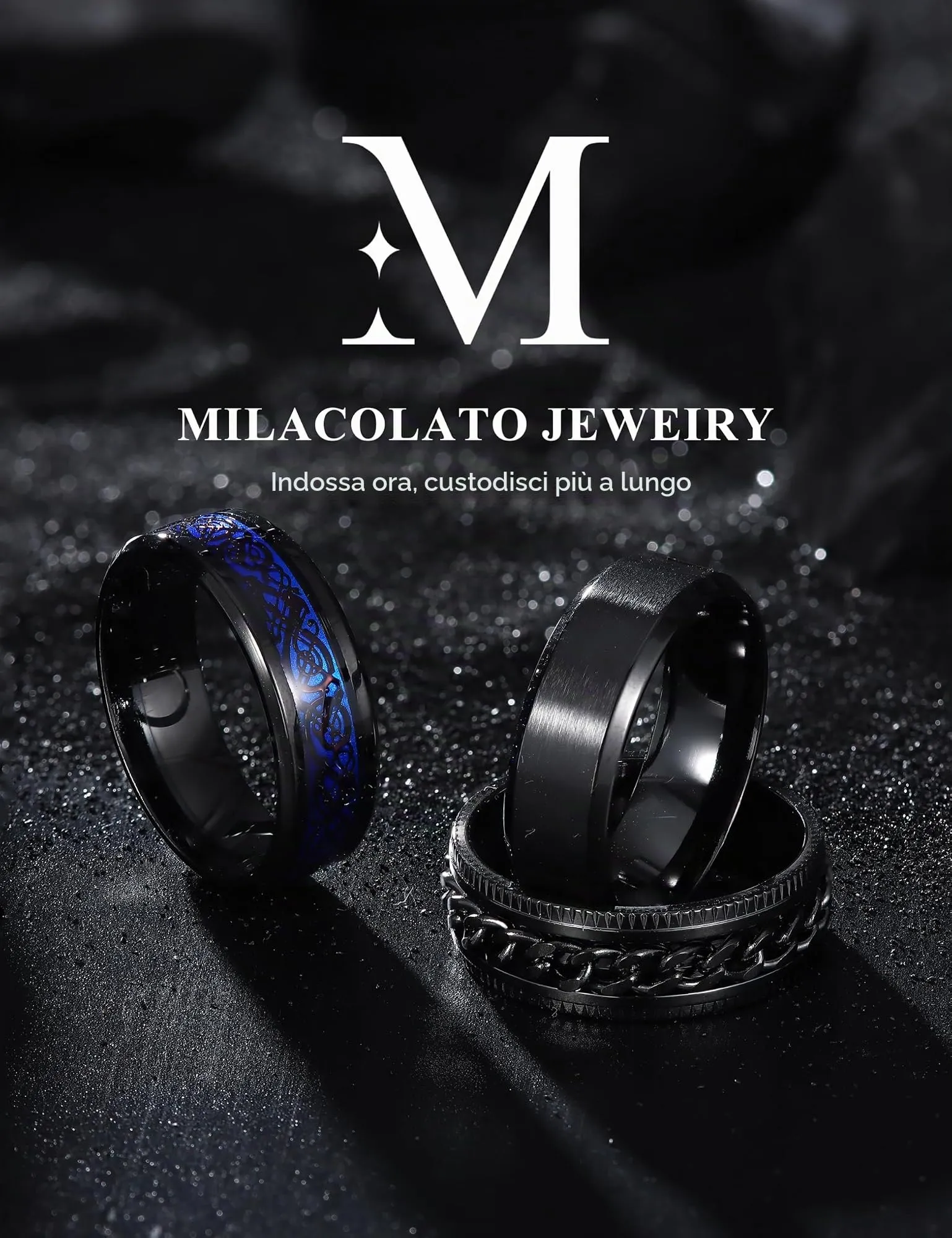 Milacolato Set di 3 Anelli Uomo in Acciaio Inossidabile Nero, Anello Spinner, Anello Drago e Fascia Lucidata, 8mm - immagine 5