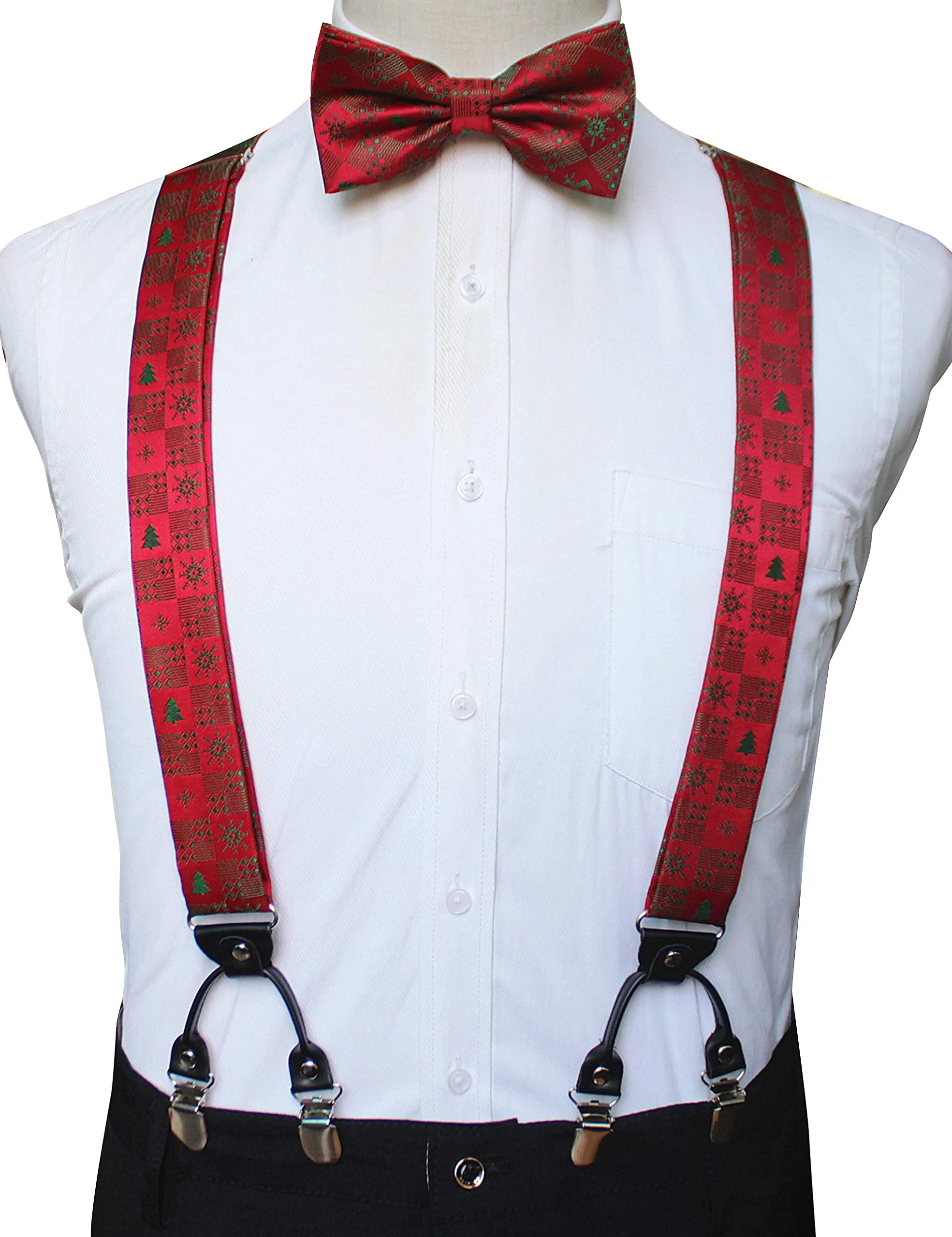 JEMYGINS Bretelle Uomo Rosso Albero di Natale in Seta, Regolabili a Forma di Y (3,5 cm) con Cravatta e Papillon - immagine 3
