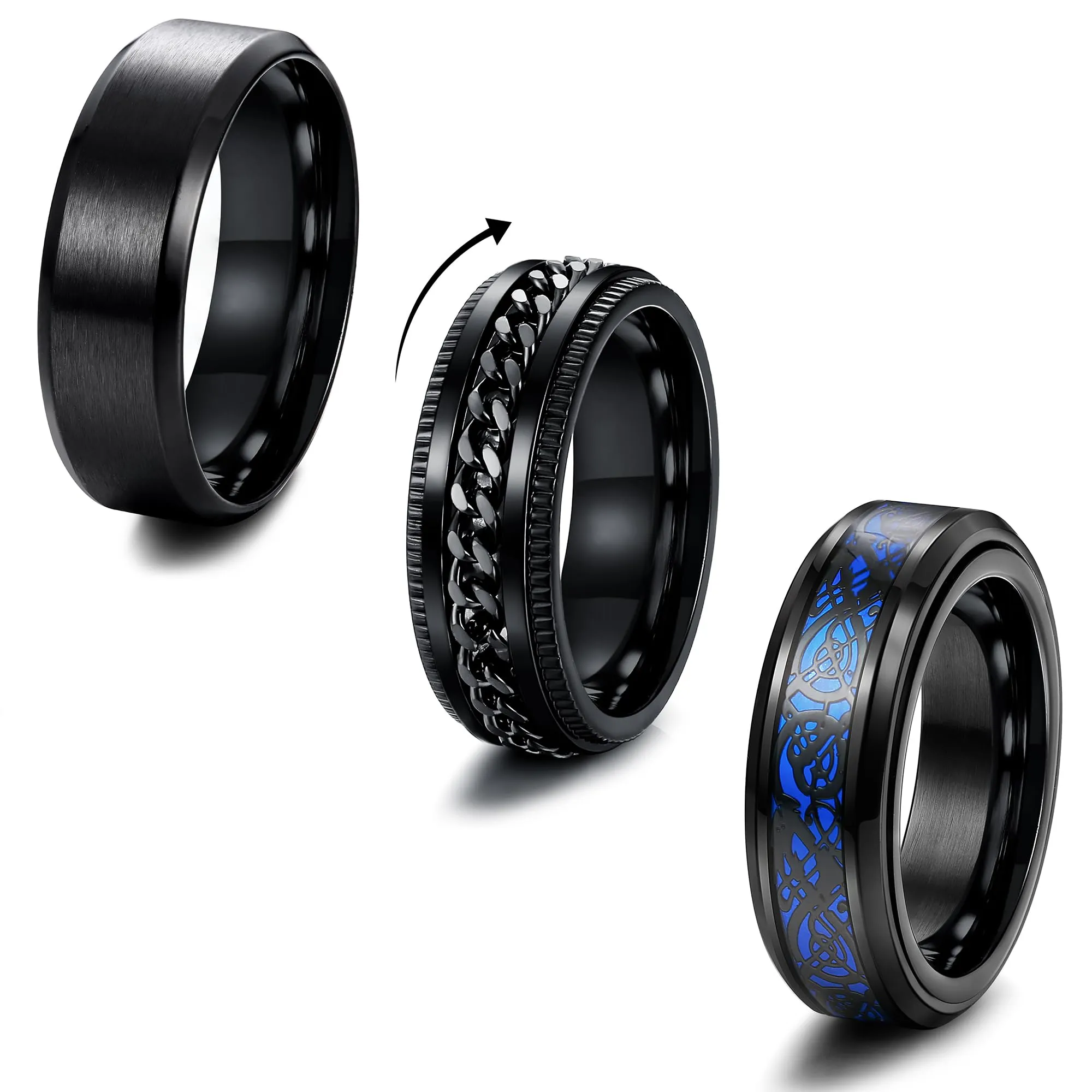 Milacolato Set di 3 Anelli da Uomo in Acciaio Inossidabile Nero, Anello Spinner Catena, Anello Drago e Fascia Lucida, 8mm - immagine 1