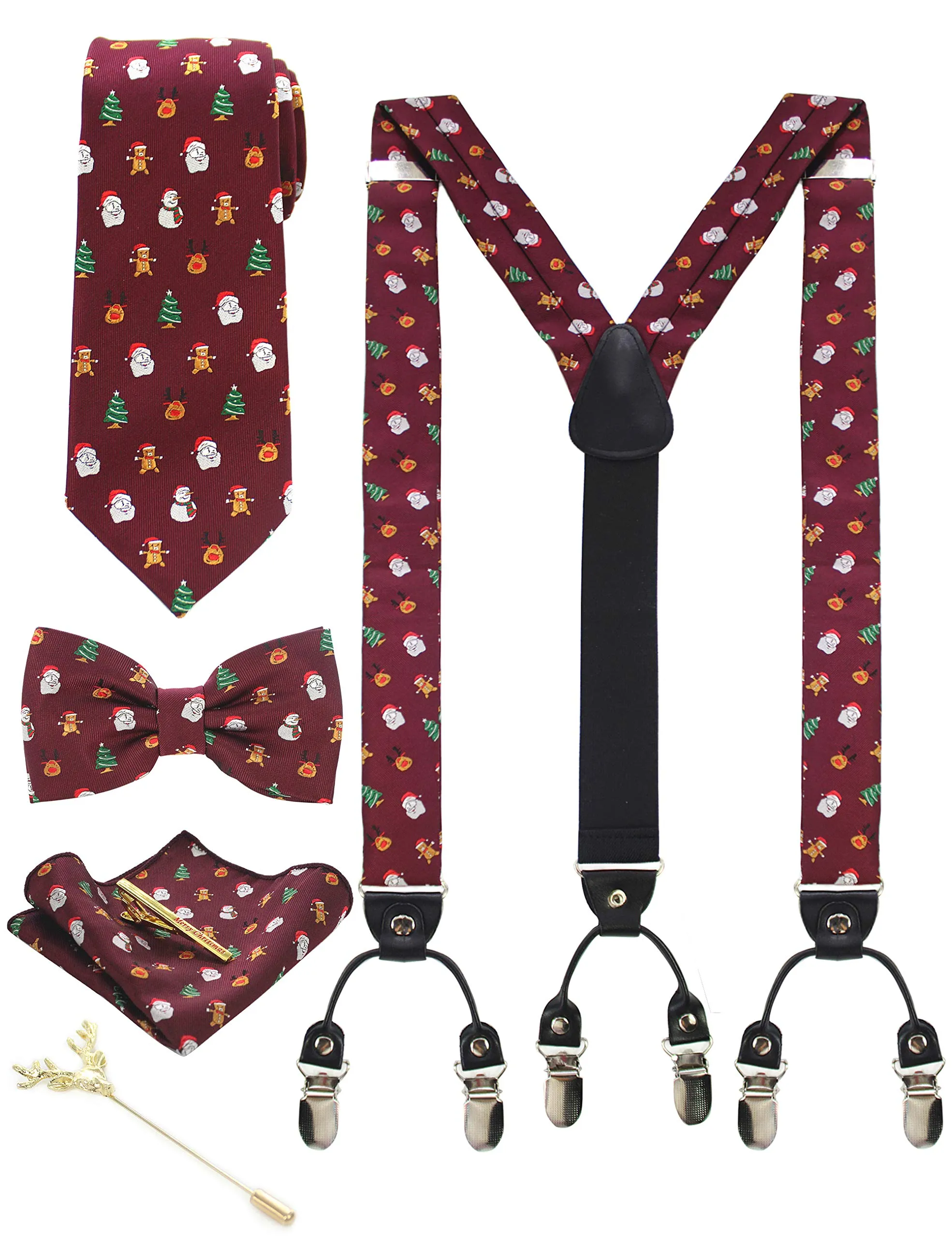 JEMYGINS Bretelle Uomo in Seta Borgogna con Albero di Natale e Pupazzo di Neve, Regolabili a Forma di Y da 3,5 cm con Cravatta e Papillon - immagine 1