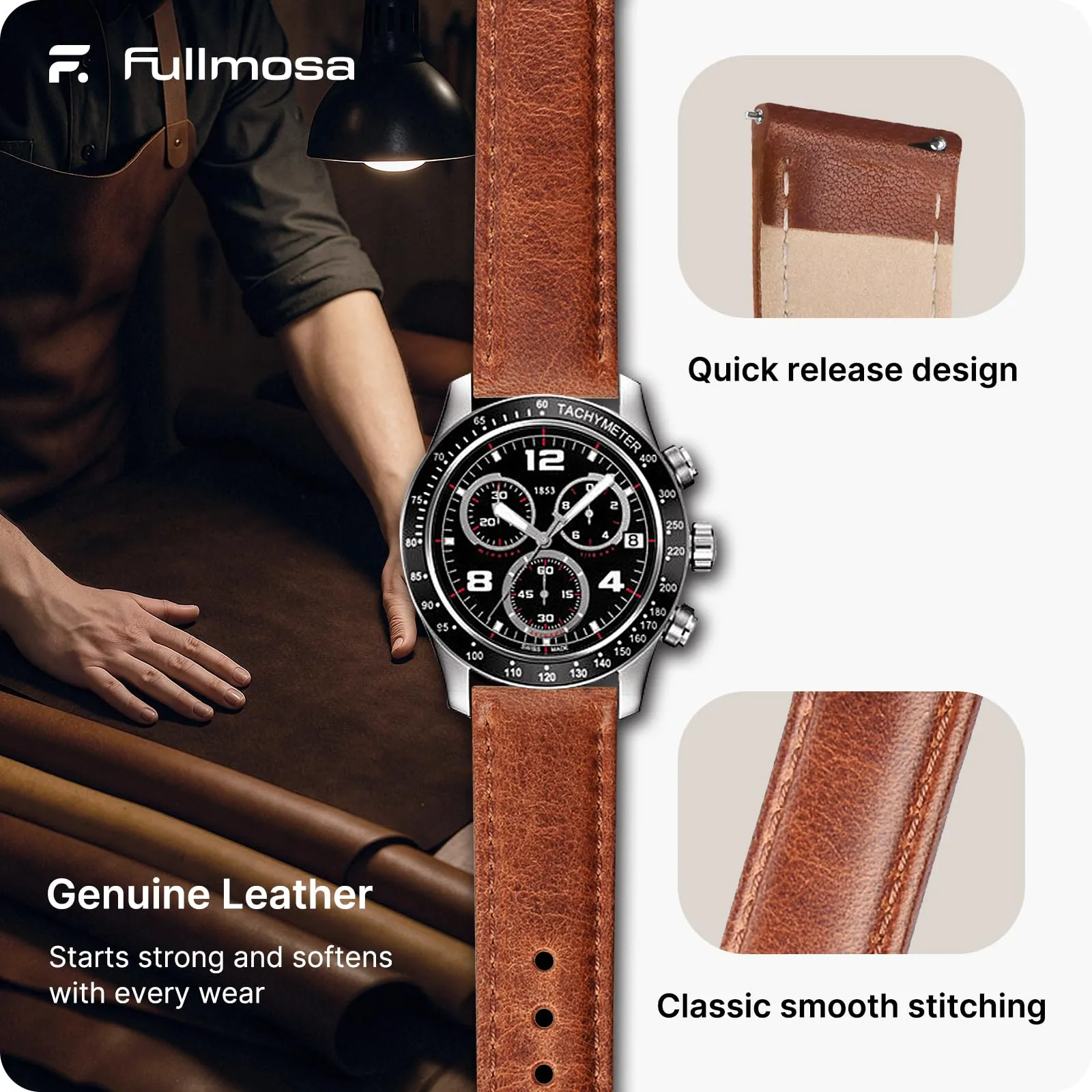 Fullmosa Cinturino Orologio 22mm in Vera Pelle a Sgancio Rapido, Marrone - immagine 4