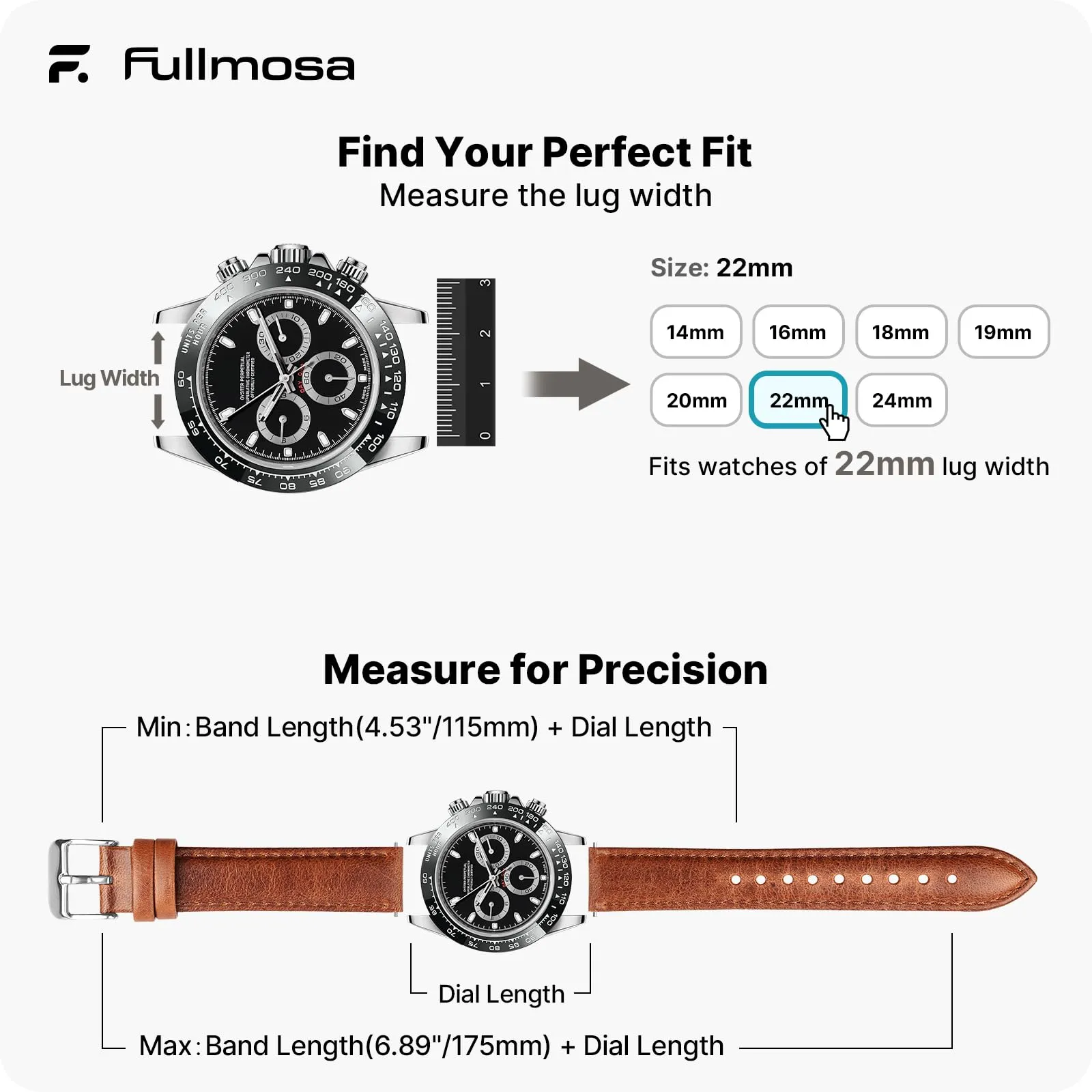 Fullmosa Cinturino Orologio 22mm in Vera Pelle a Sgancio Rapido, Marrone - immagine 5
