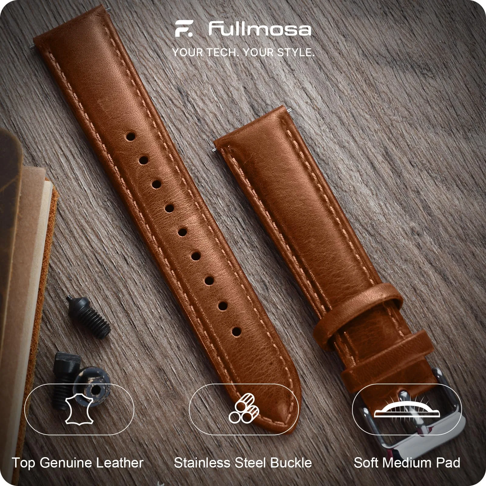 Fullmosa Cinturino in Pelle 18mm a Sgancio Rapido per Orologio e Smartwatch - Marrone con Fibbia Argento - immagine 2