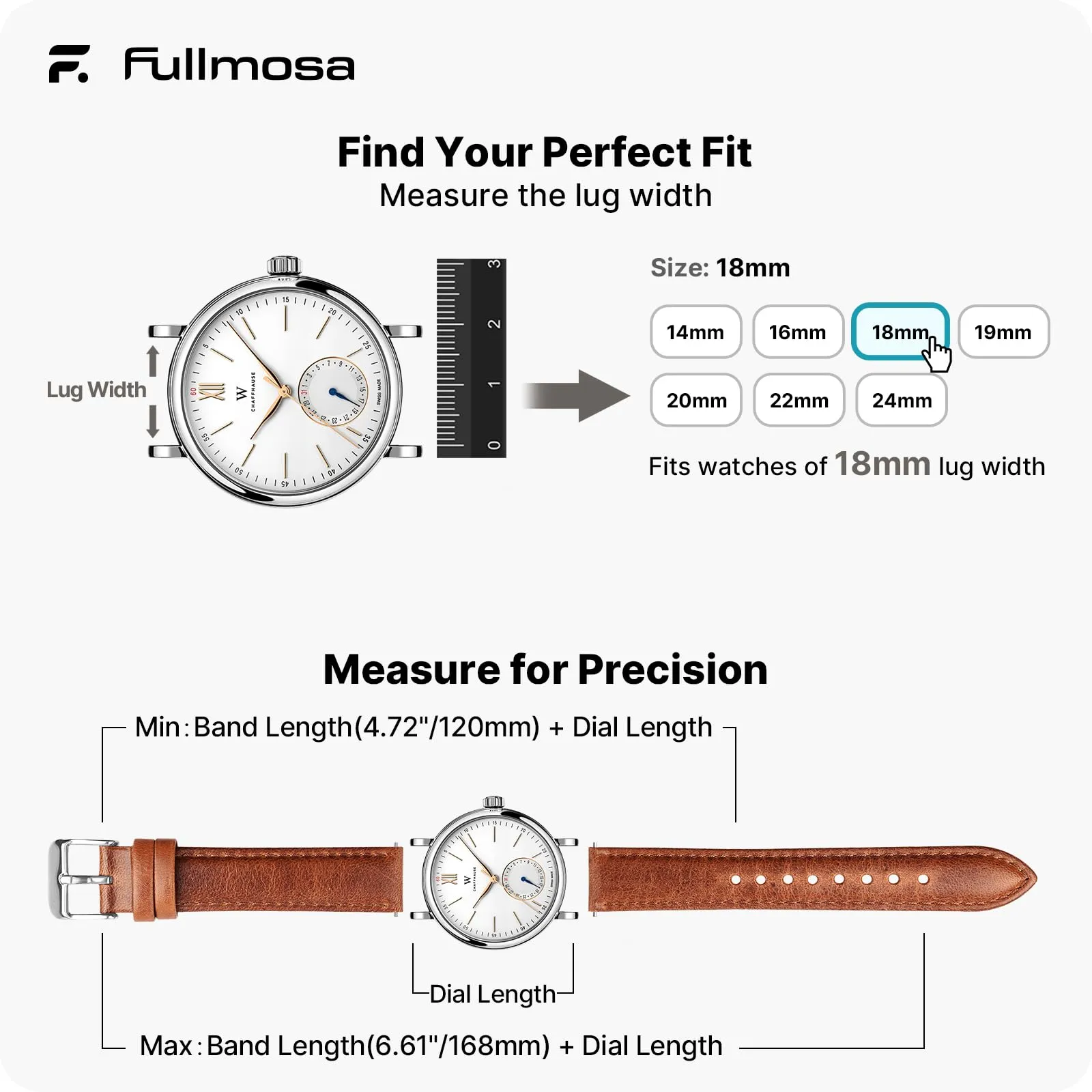 Fullmosa Cinturino in Pelle 18mm a Sgancio Rapido per Orologio e Smartwatch - Marrone con Fibbia Argento - immagine 5