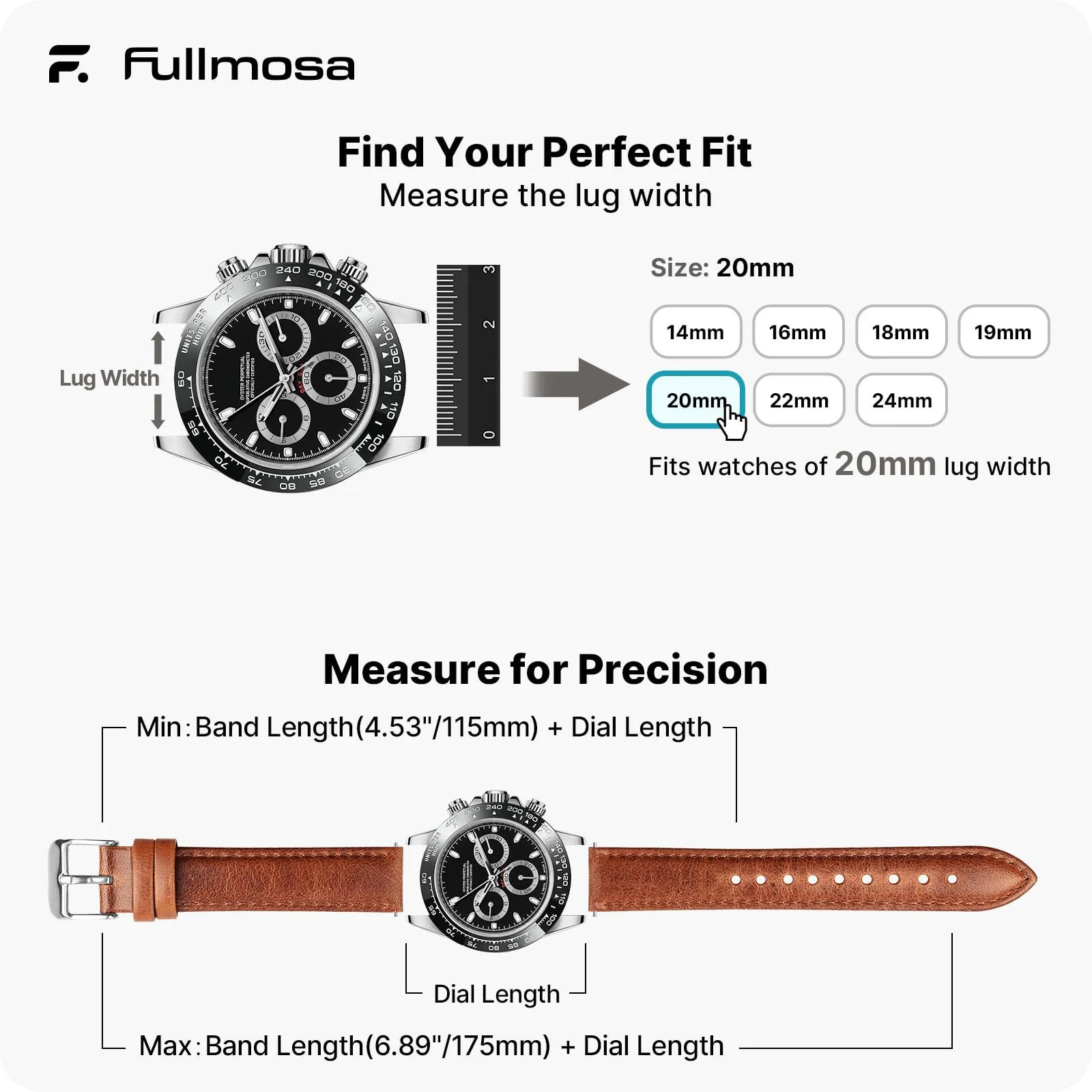 Fullmosa Cinturino Orologio 20mm in Vera Pelle a Sgancio Rapido, Marrone - immagine 5