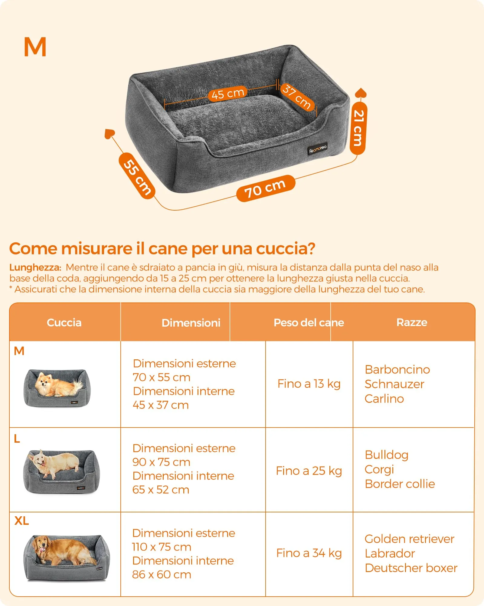 Feandrea Cuccia per Cani in Simil Lino, Taglia L, 90 x 75 x 25 cm, Grigio Chiaro PGW11GG - immagine 7