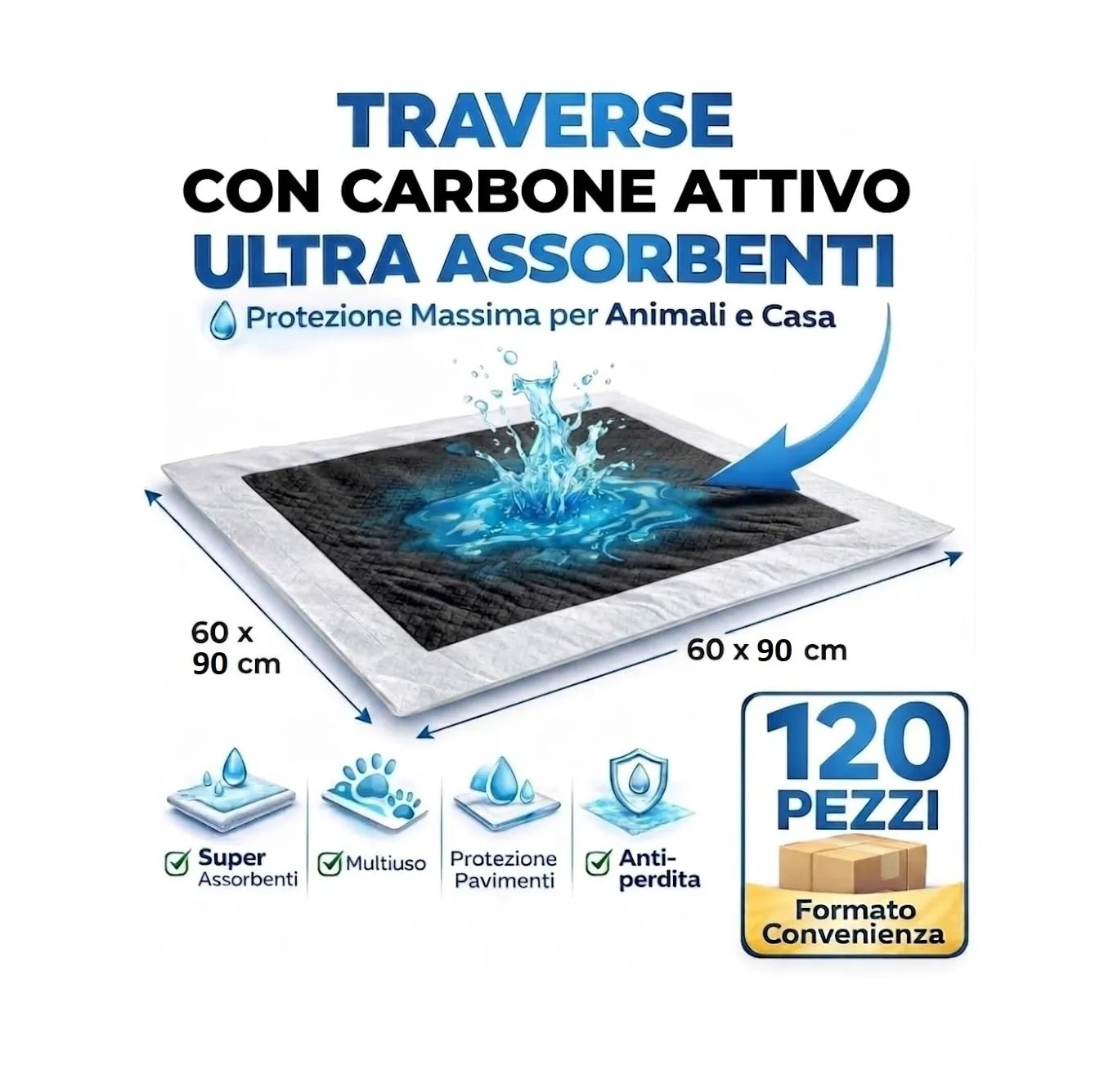 BPS Buena Pet Shop Tappetino Igienico Assorbente per Cani con Carboni Attivi, 120 Pezzi, 60x90cm - immagine 5