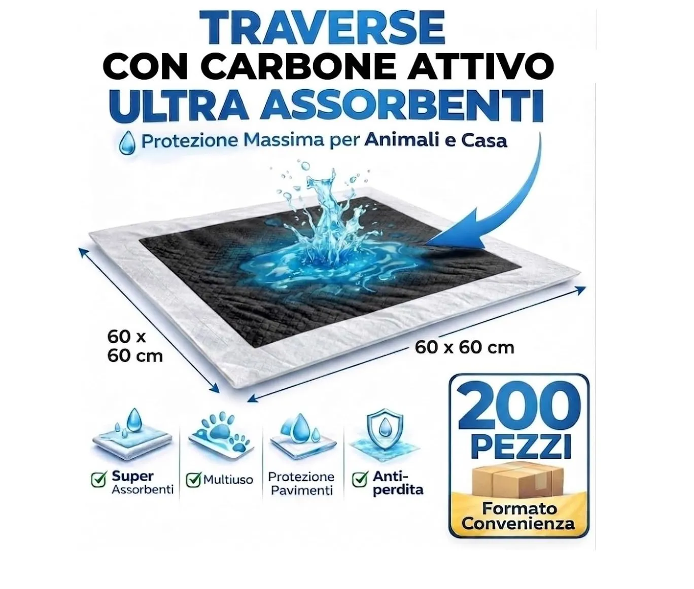 BPS Buena Pet Shop Tappetino Igienico Assorbente per Cani con Carboni Attivi 60x60cm 200 Pezzi - immagine 2