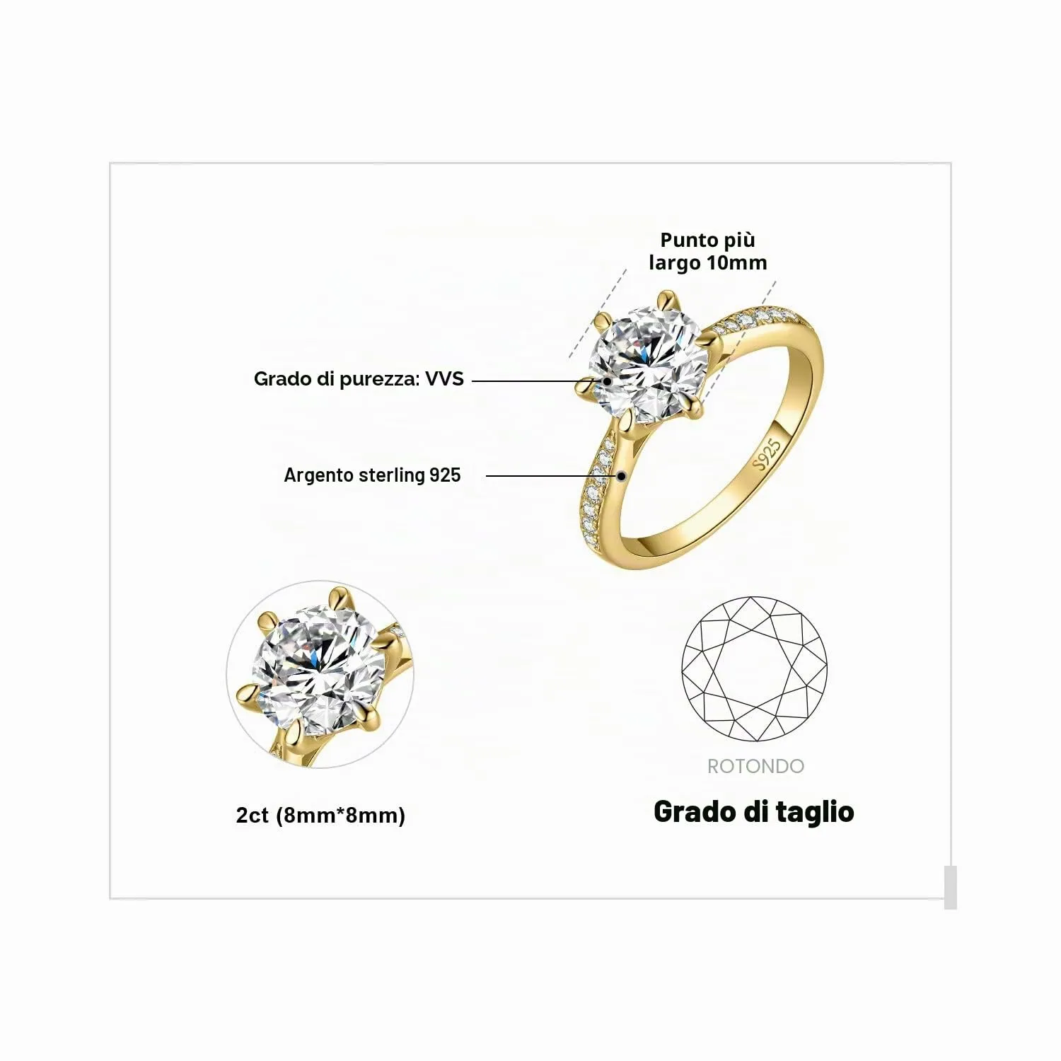 JewelryPalace Classico Anello Solitario Donna Argento 925 con Cubica Zirconia 2ct, Oro, Taglia 11.5 - immagine 2