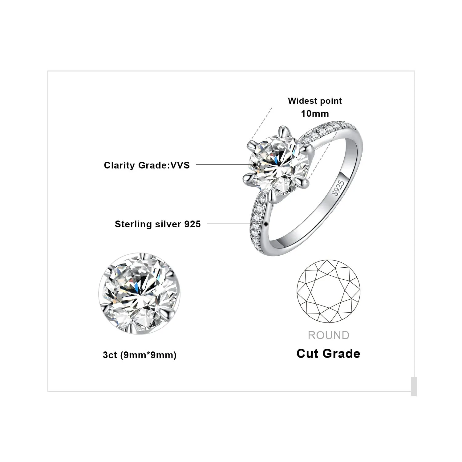 JewelryPalace Classico Anello Solitario Donna Argento 925 con Cubica Zirconia 3ct e Pietre Laterali, Misura 8 - immagine 2