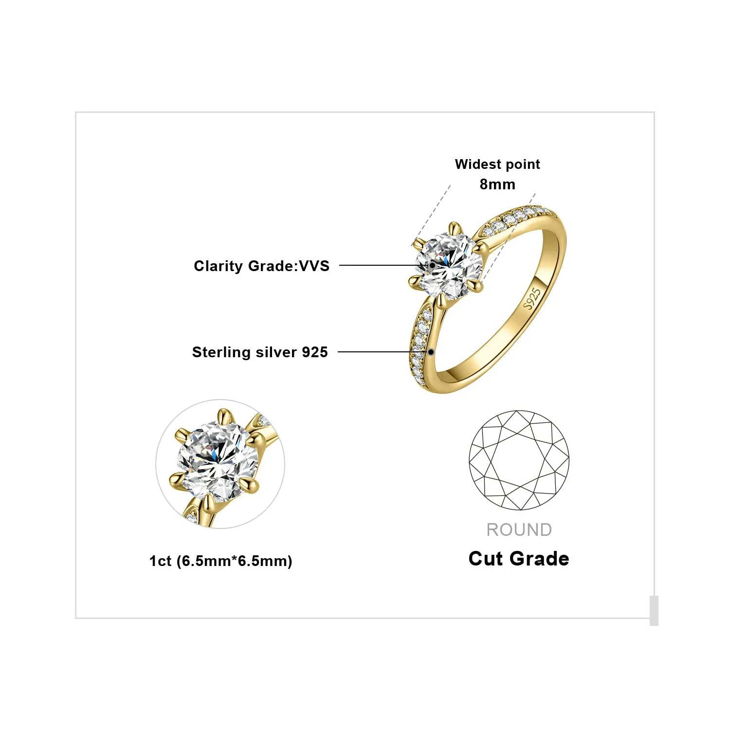 JewelryPalace Classico Anello Solitario Donna Argento 925 con Cubica Zirconia 1ct, Dorato, Taglia 10.5 - immagine 2