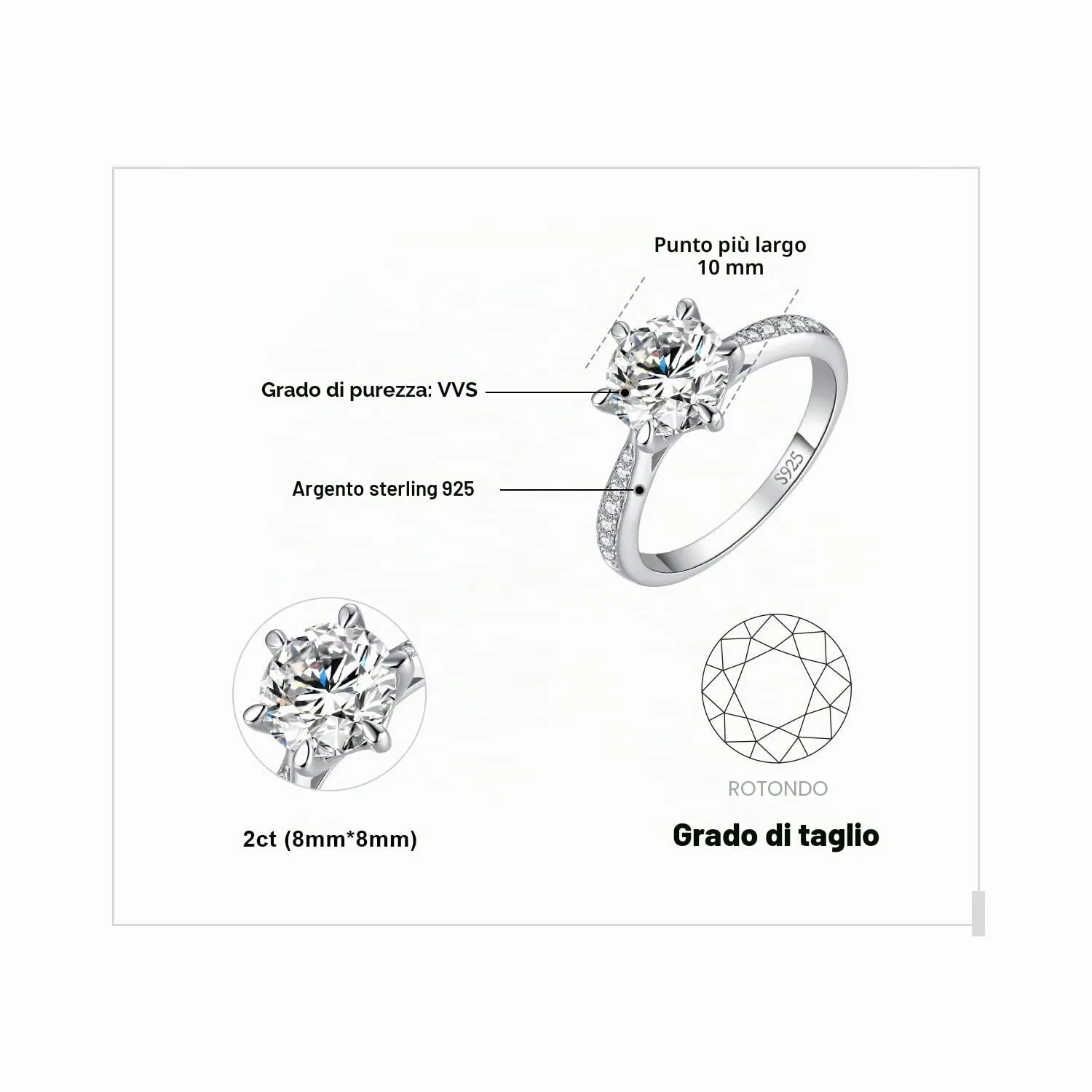 JewelryPalace Classico Anello Solitario Donna Argento 925 con Cubica Zirconia 2ct, Taglia 9.5 - immagine 2