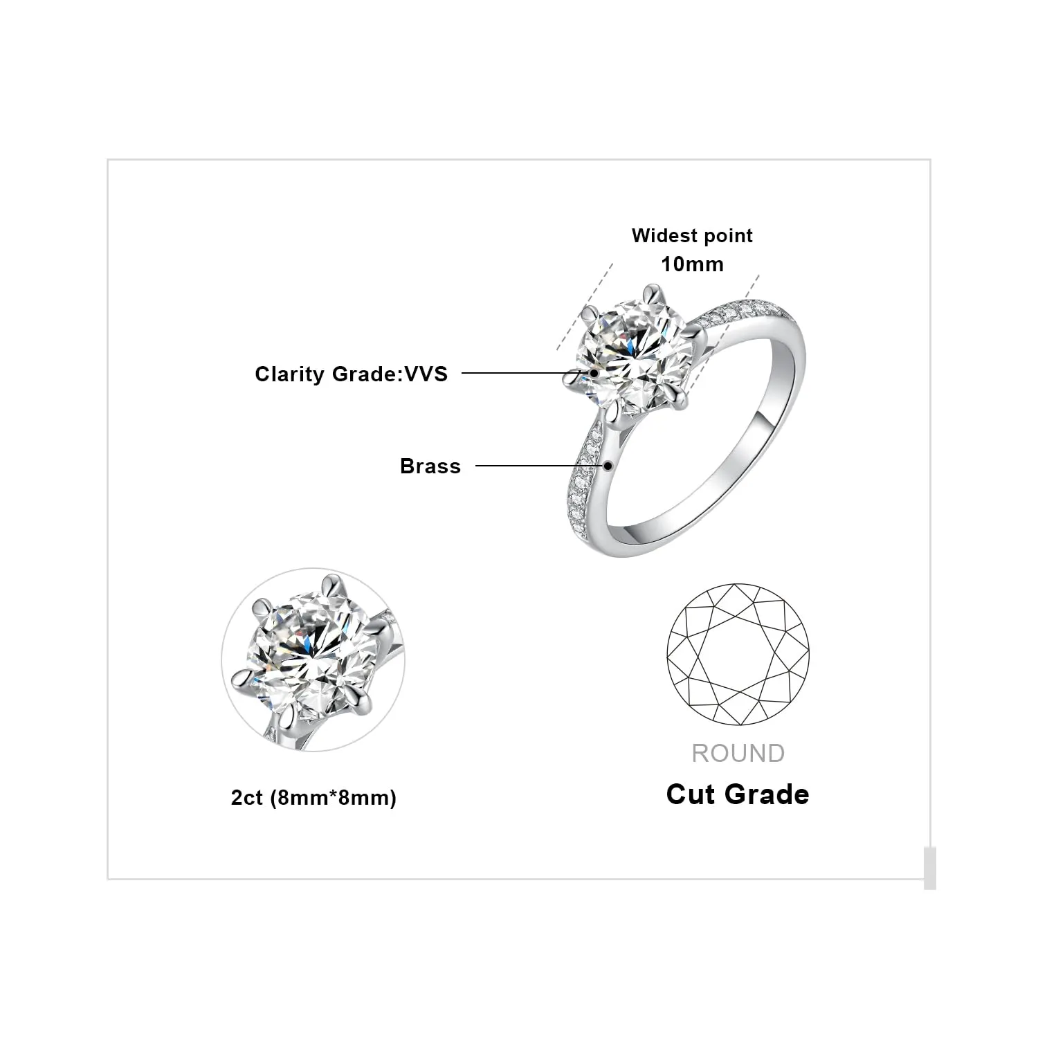JewelryPalace Anello Solitario Donna 2ct Zirconia Cubica Placcato Oro Bianco 14K con Pietre Laterali, Misura 16 - immagine 2