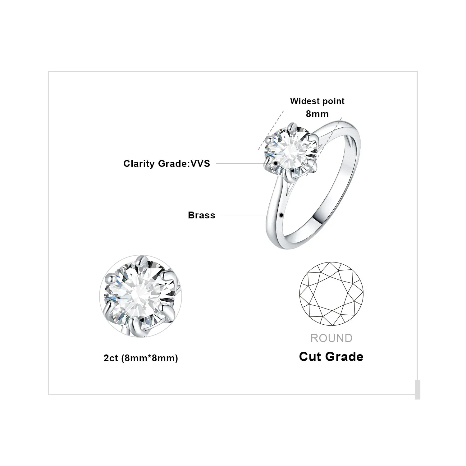 JewelryPalace Anello Solitario Donna 2ct Zirconia Cubica Placcato Oro Bianco 14K, Misura 14.5 - immagine 2