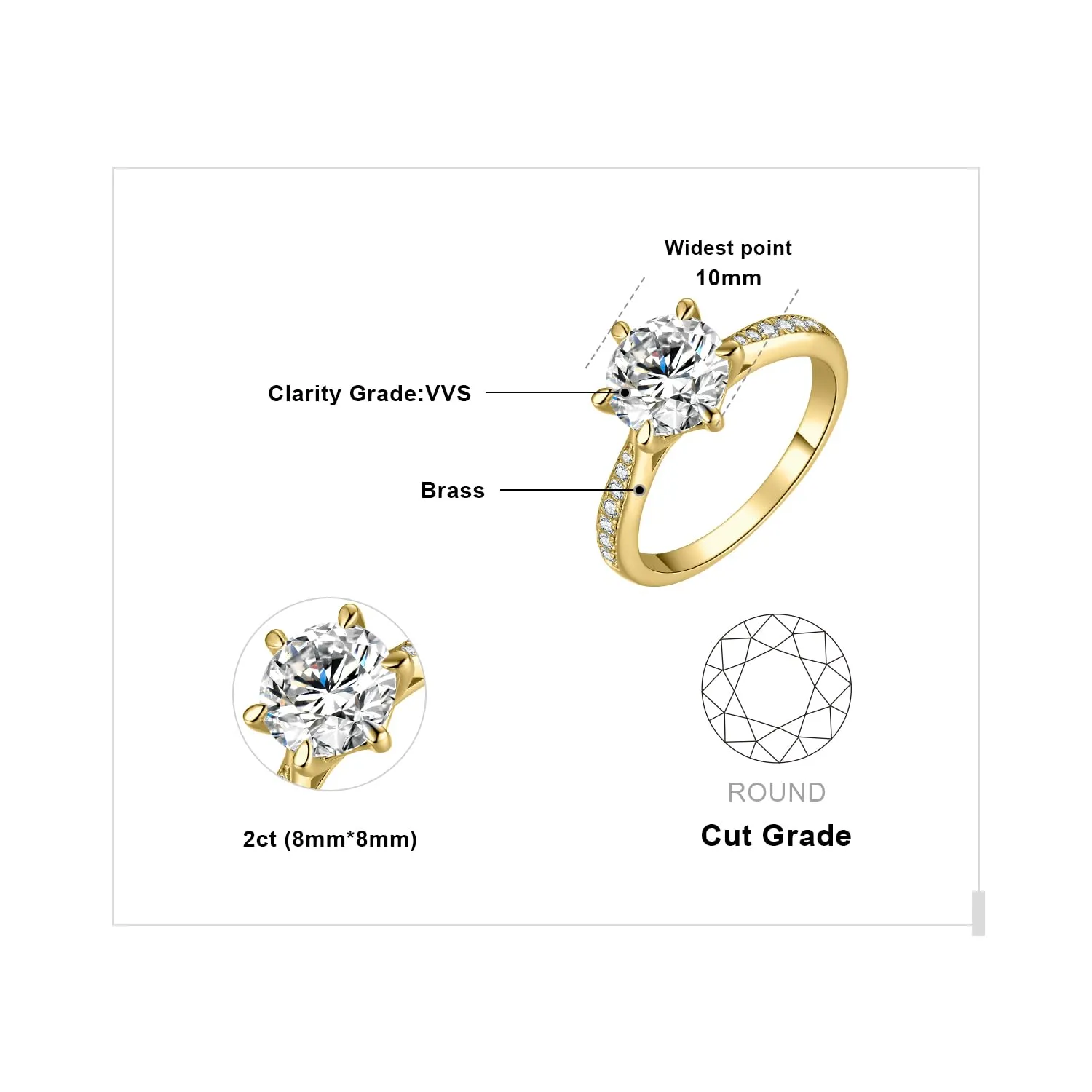 JewelryPalace Classico Anello Solitario Donna 2ct Zirconia Cubica Placcato Oro Giallo 14K con Pietre Laterali, Misura 21 - immagine 2