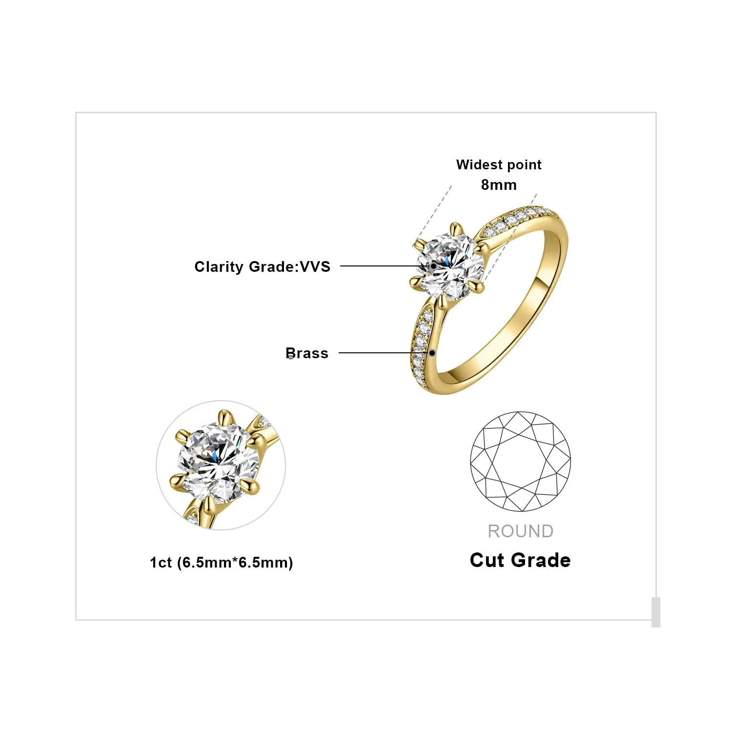 JewelryPalace Classico Anello Solitario Donna, 1ct Zirconia Cubica, Placcato Oro Giallo 14K, Misura 21 - immagine 2