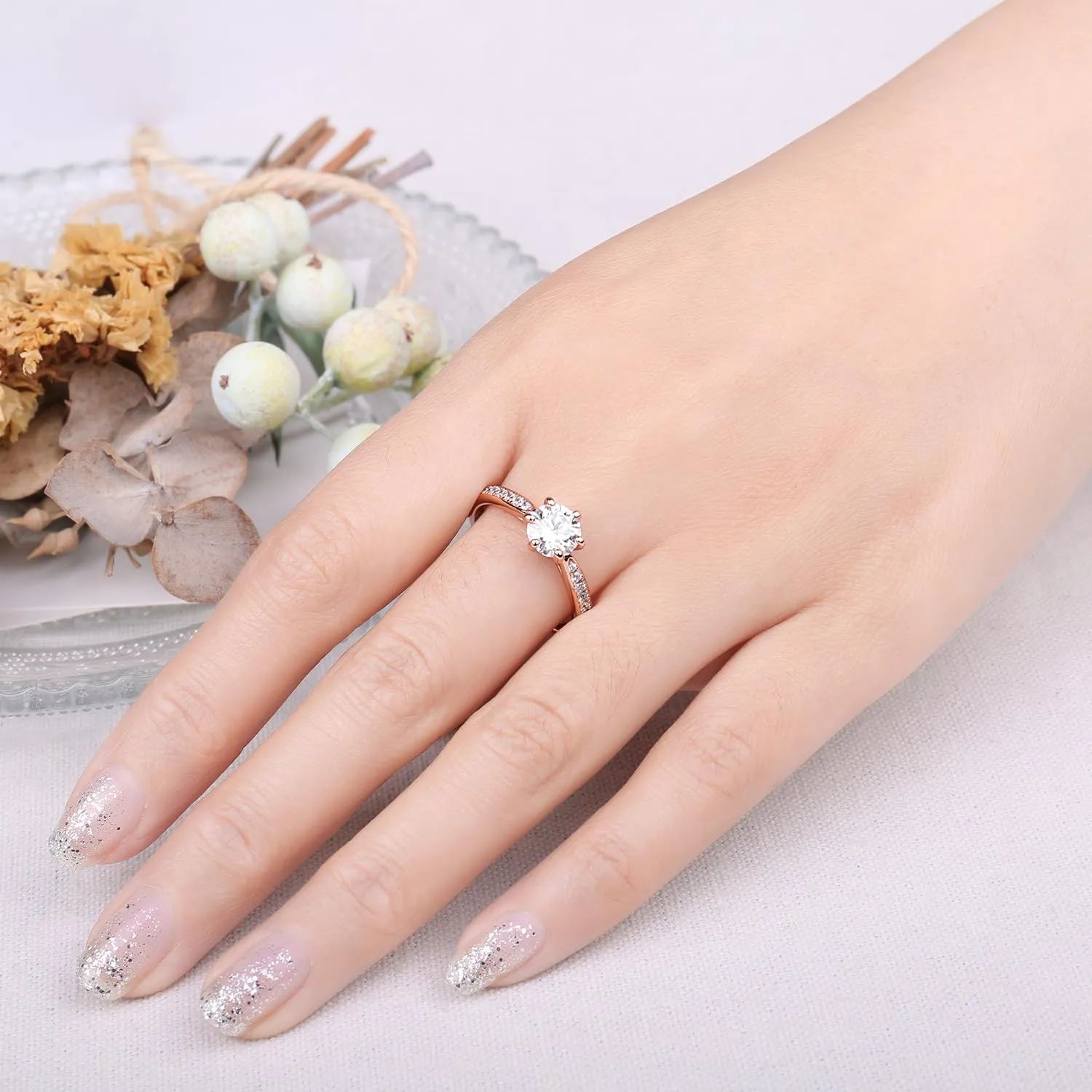 JewelryPalace Classico Anello Solitario Donna placcato oro rosa 14K con Cubica Zirconia e Pietre Laterali, Misura 9.5 - immagine 4