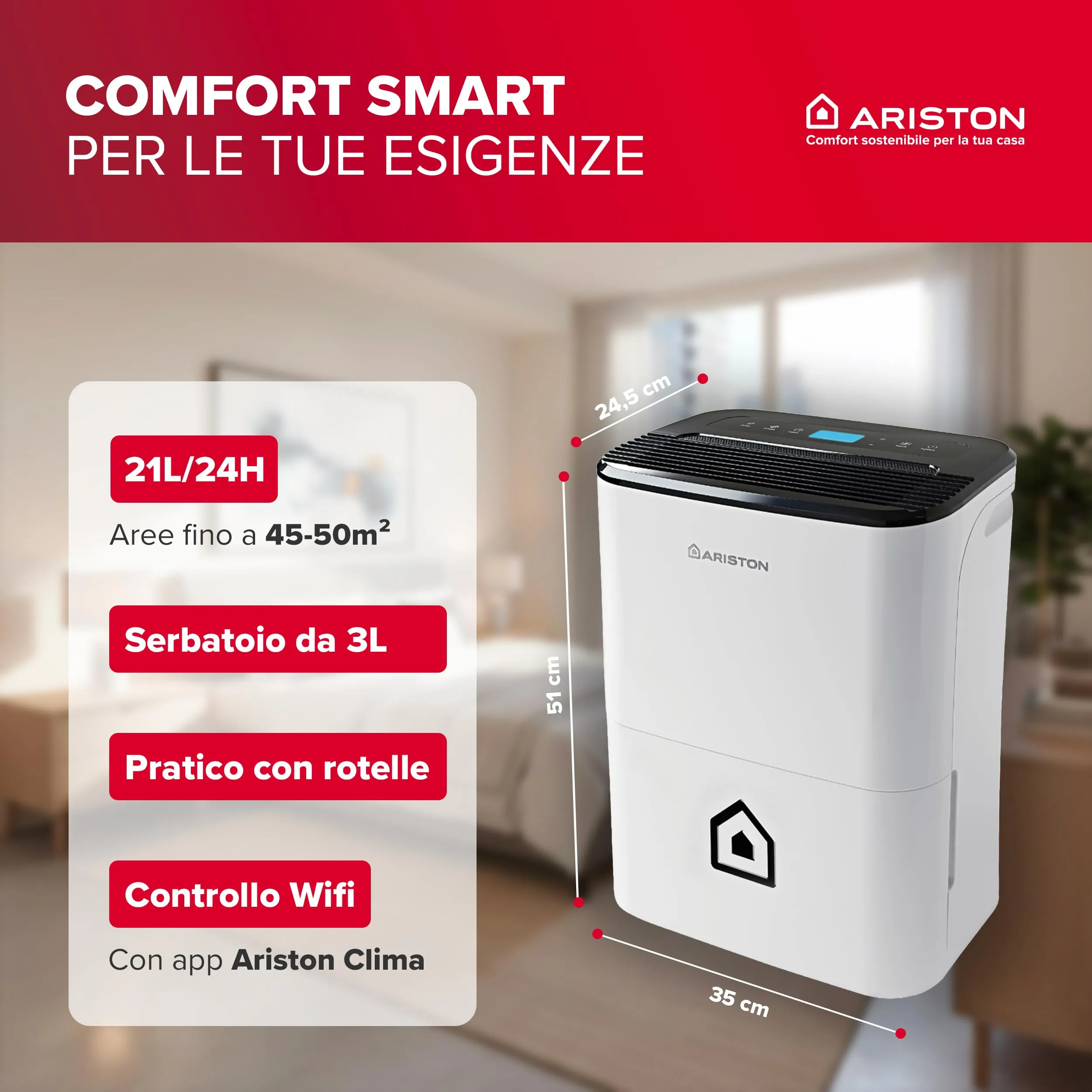 Ariston Deos 21NET Deumidificatore Portatile 21L per Ambienti fino a 50㎡ - immagine 2