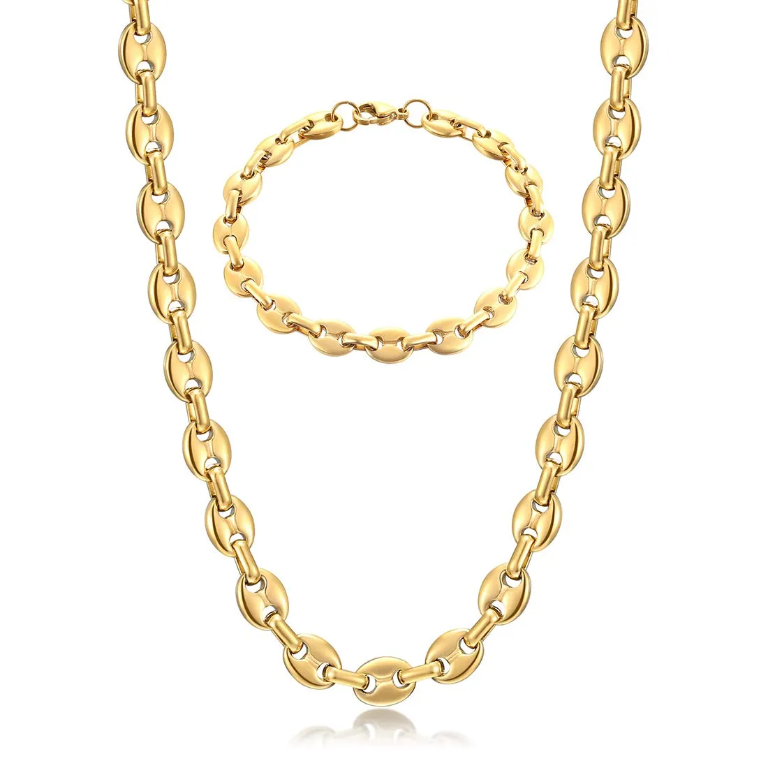 AFSTALR Set Collana e Bracciale in Acciaio Inossidabile Maglia Chicco di Caffè, Oro, 9mm, 51cm, SET-cafe-or-51-9mm - immagine 1