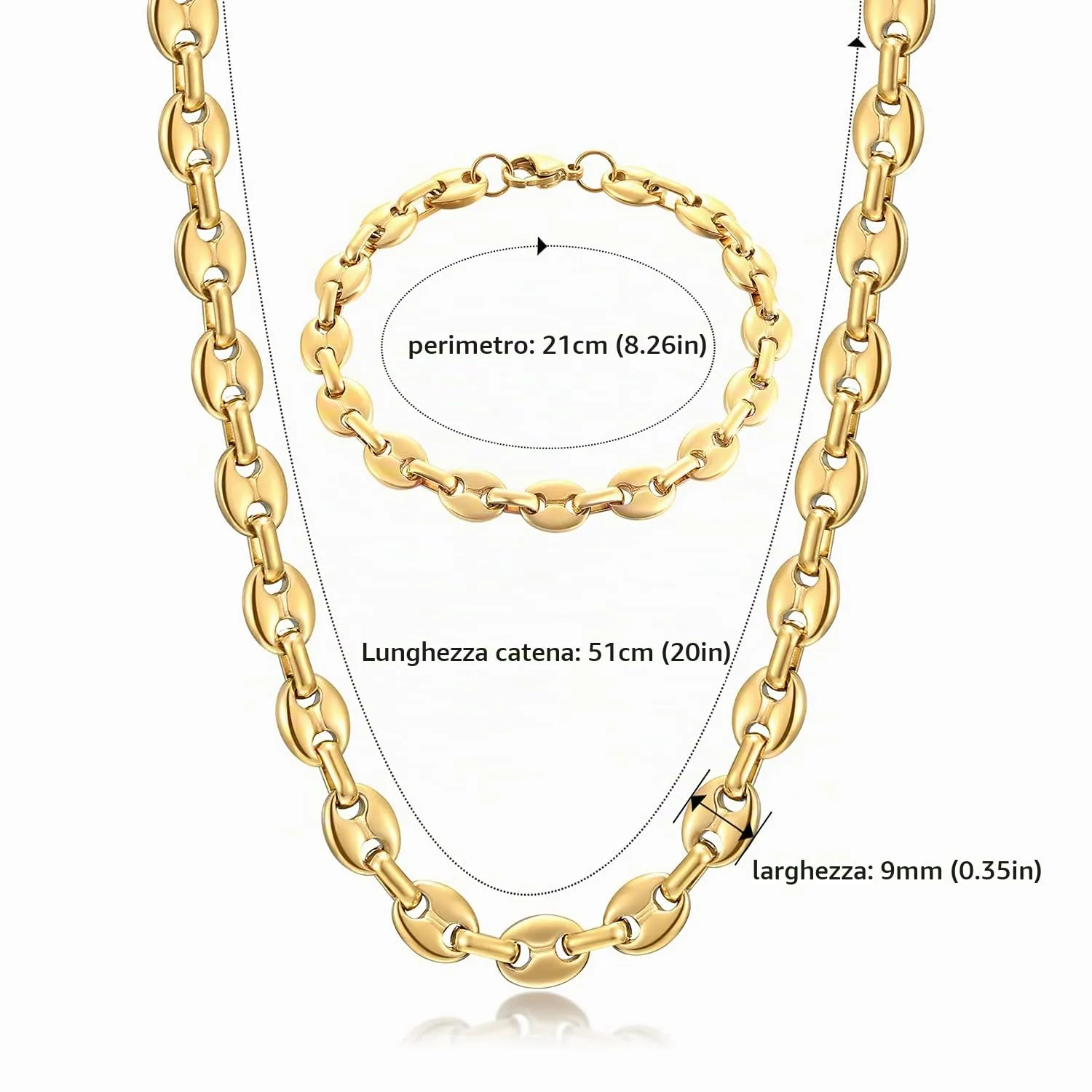 AFSTALR Set Collana e Bracciale in Acciaio Inossidabile Maglia Chicco di Caffè, Oro, 9mm, 51cm, SET-cafe-or-51-9mm - immagine 2