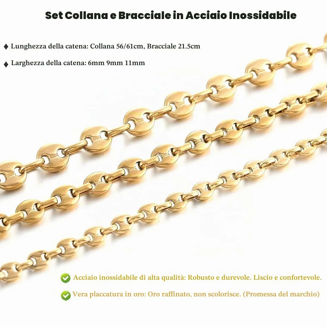 AFSTALR Set Collana e Bracciale in Acciaio Inossidabile Maglia Chicco di Caffè, Oro, 9mm, 51cm, SET-cafe-or-51-9mm - immagine 5