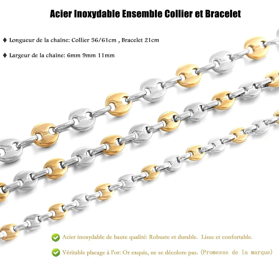AFSTALR Collana e bracciale in acciaio inossidabile a maglia a chicco di caffè da uomo, 6mm, Argento, 51cm - immagine 4