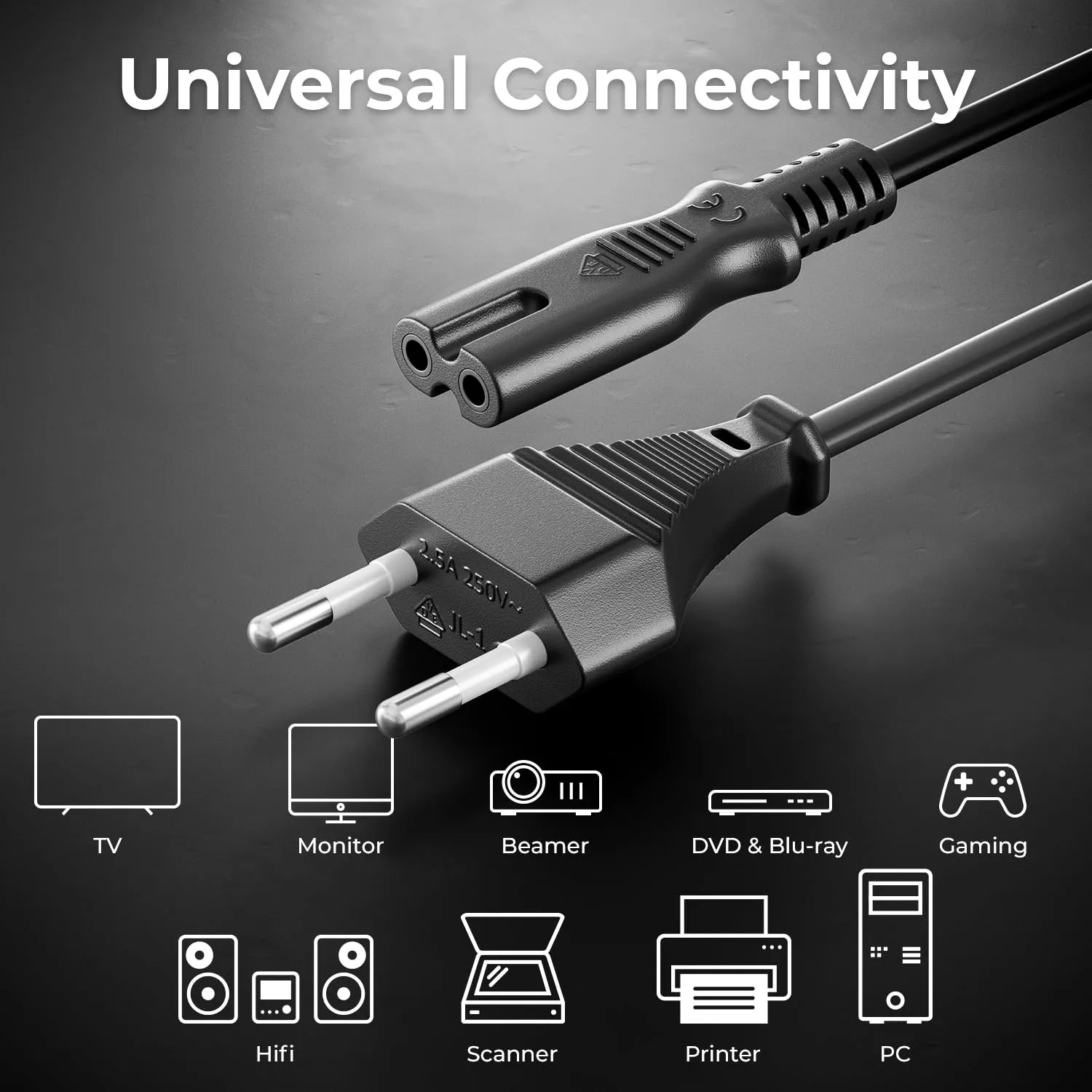 deleyCON Cavo di Alimentazione Europlug a Presa C7, 3,0m - Nero - immagine 6