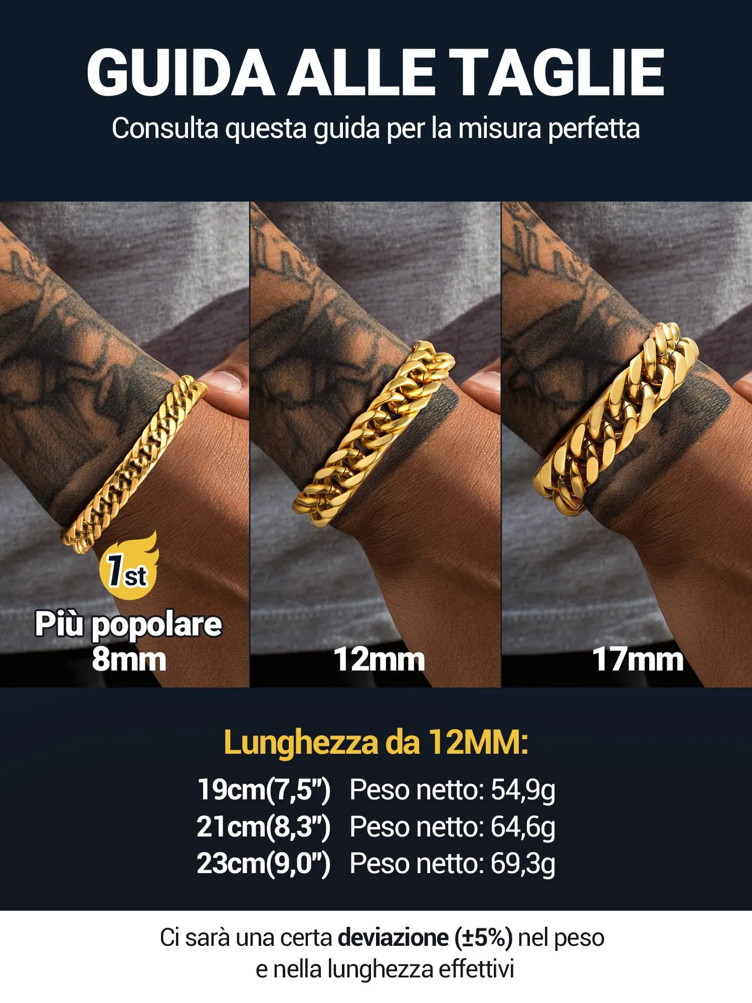PROSTEEL Neutro Braccialetto Catena Cubana Ritorta Oro 12mm - immagine 6