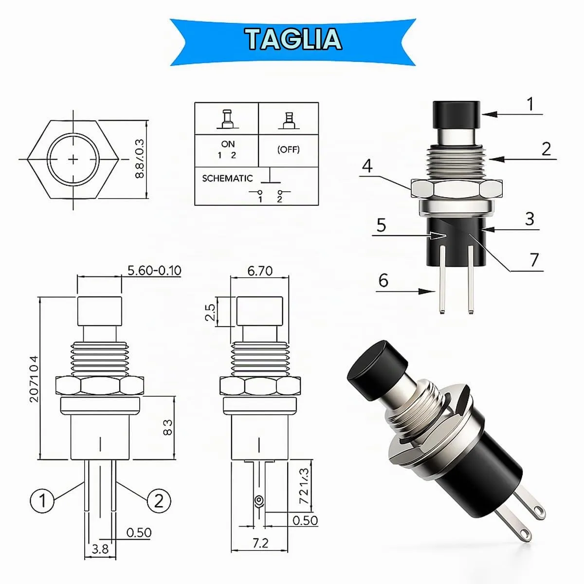Gebildet 24pezzi 7mm Mini Pulsante Momentaneo SPST 2Pin 3V-230V 1A per Modellismo Ferroviario Hobby - immagine 4