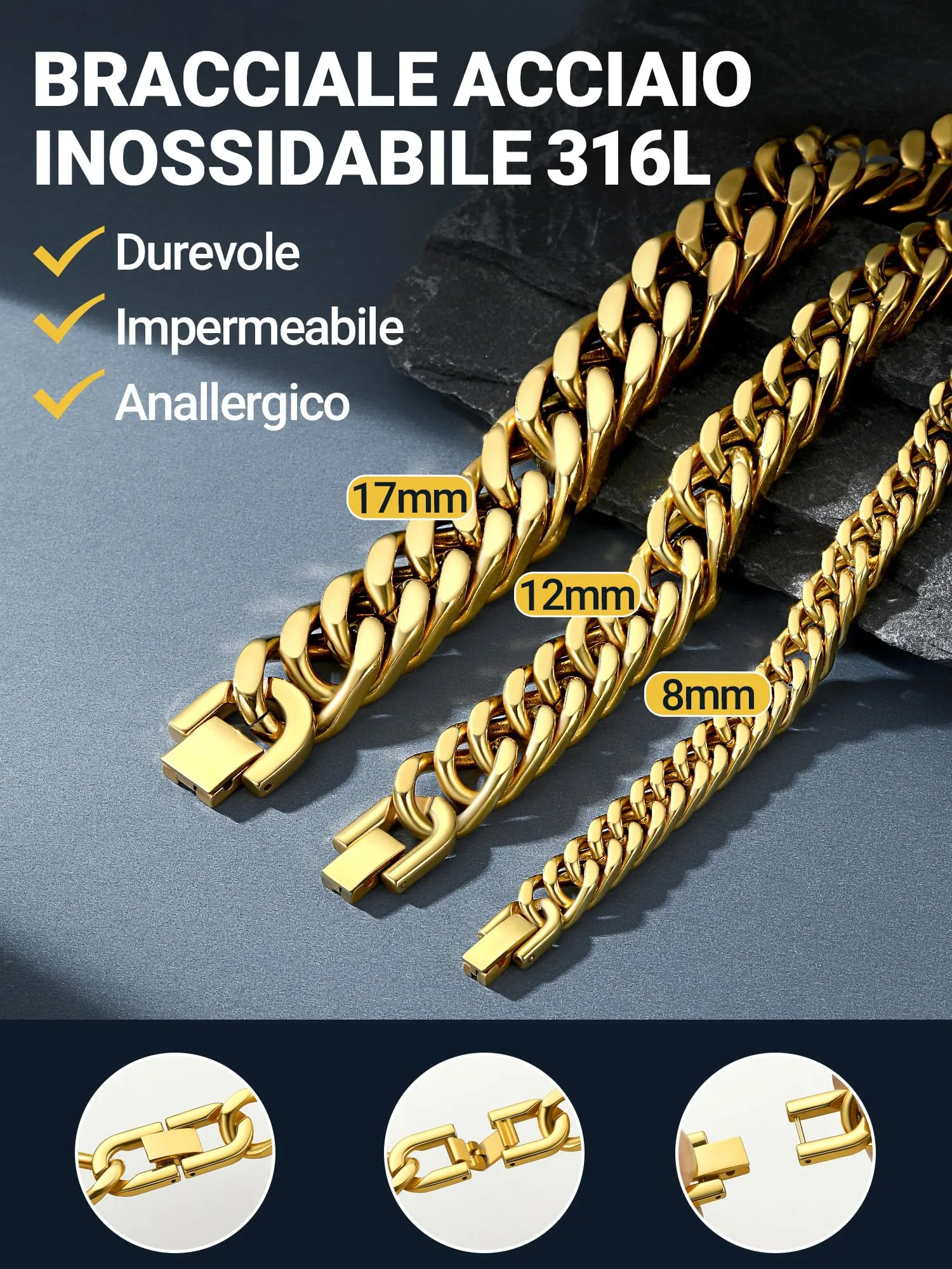 PROSTEEL Neutro Braccialetto Catena Cubana Ritorta Oro 17mm - immagine 3