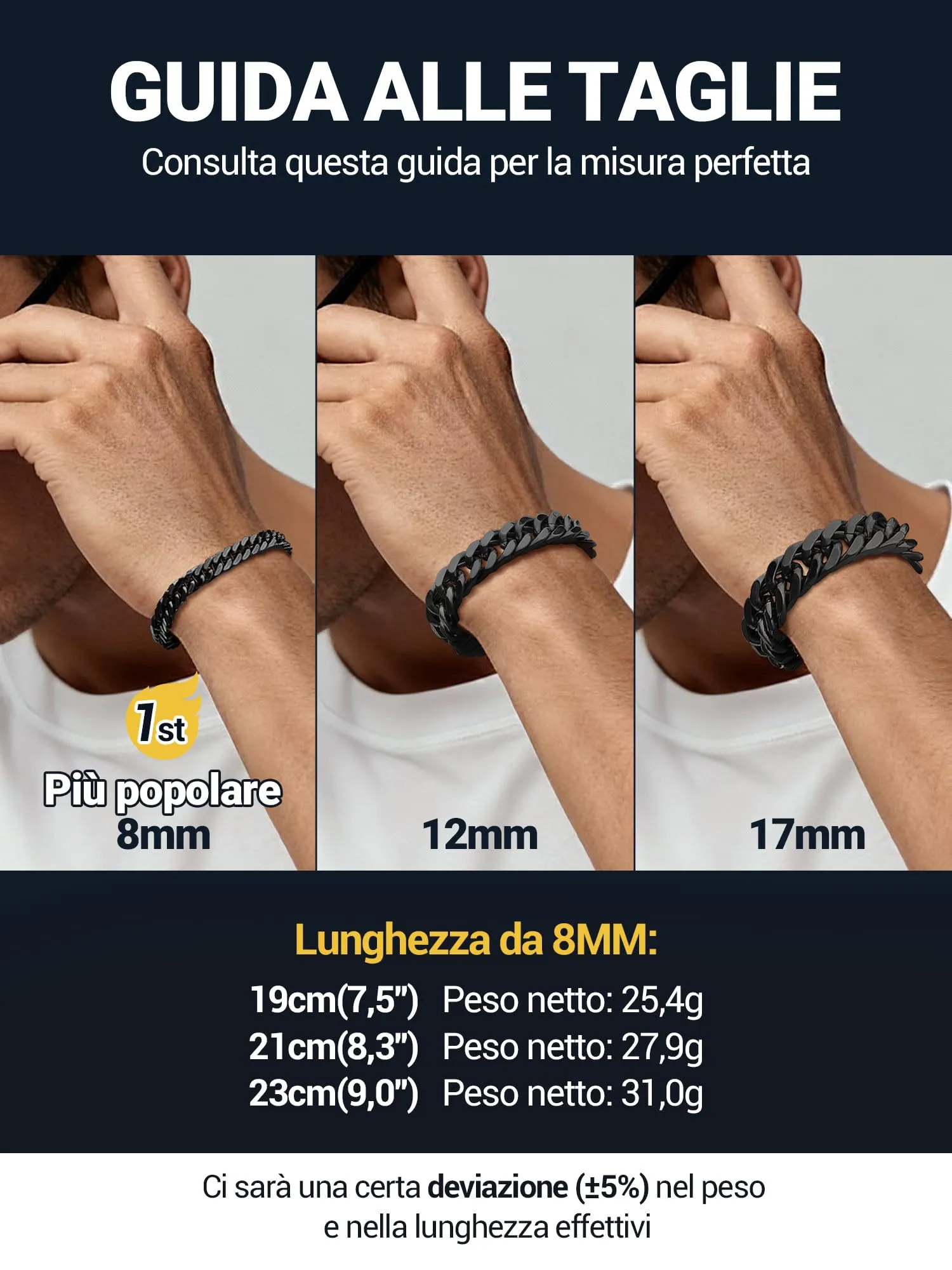 PROSTEEL Neutro Braccialetto Catena Cubana Ritorta Nero 8mm - immagine 7