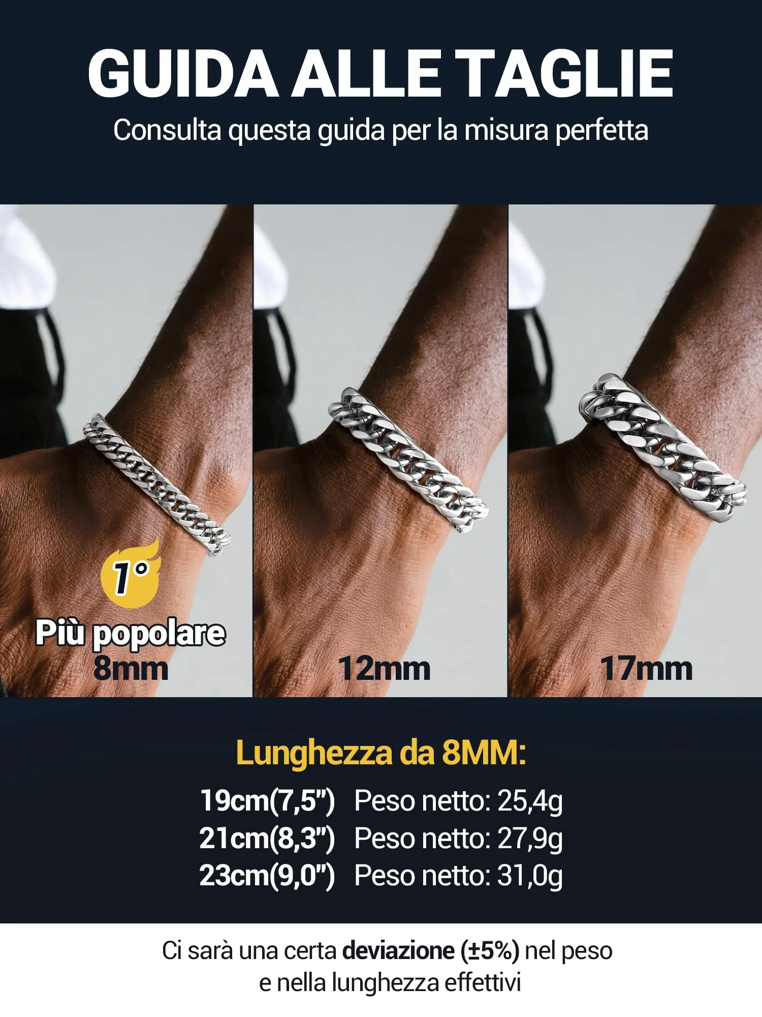 PROSTEEL Braccialetto Catena Cubana Ritorta in Acciaio Inox Argento 8mm - immagine 3