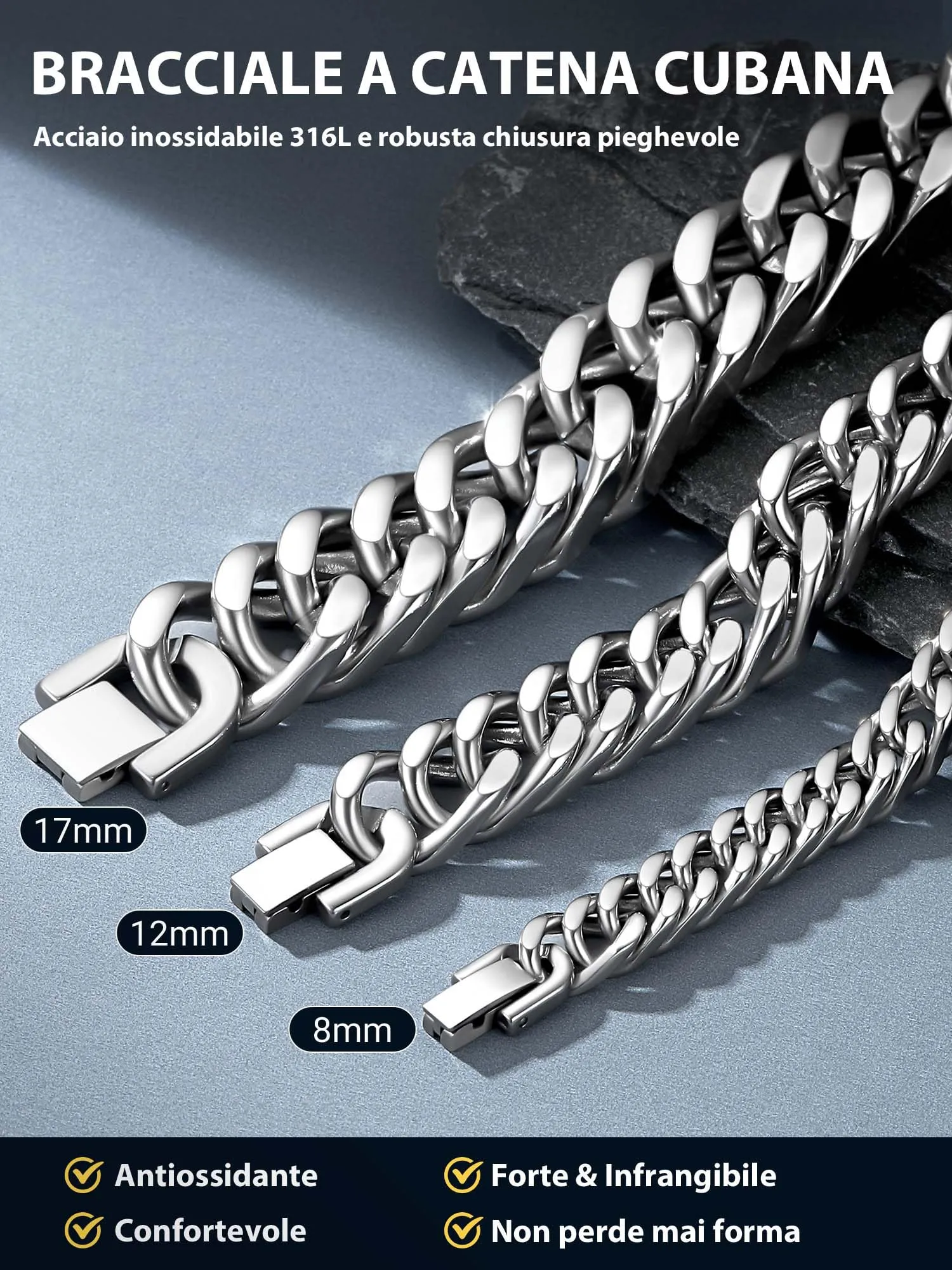 PROSTEEL Braccialetto Catena Cubana Ritorta in Acciaio Inox Argento 8mm - immagine 8