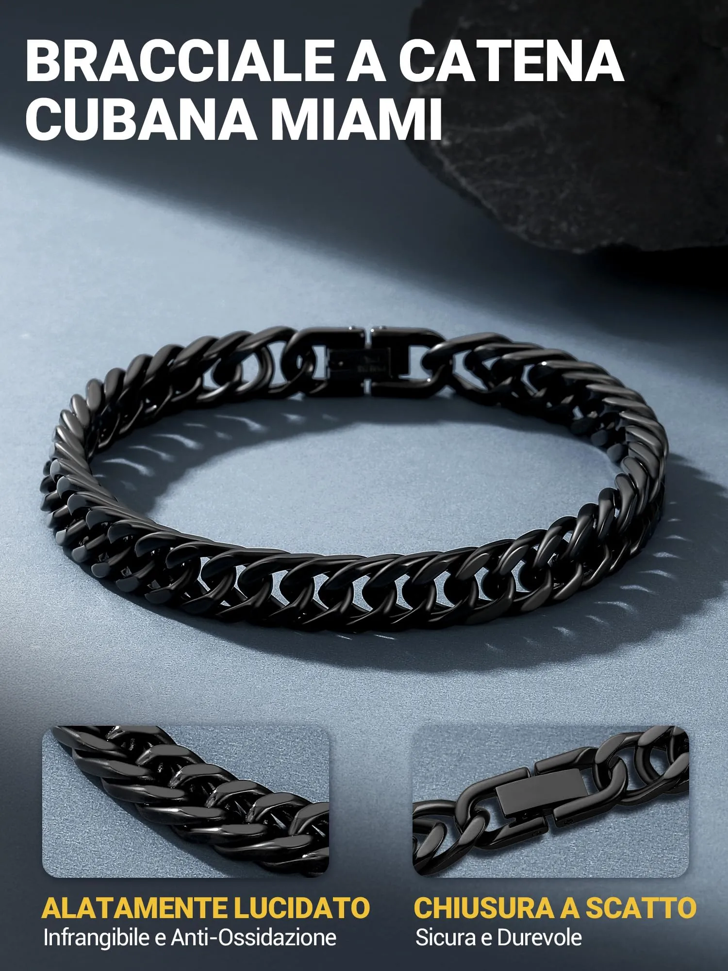 PROSTEEL Neutro Braccialetto Catena Cubana Ritorta 12mm Nero - immagine 6