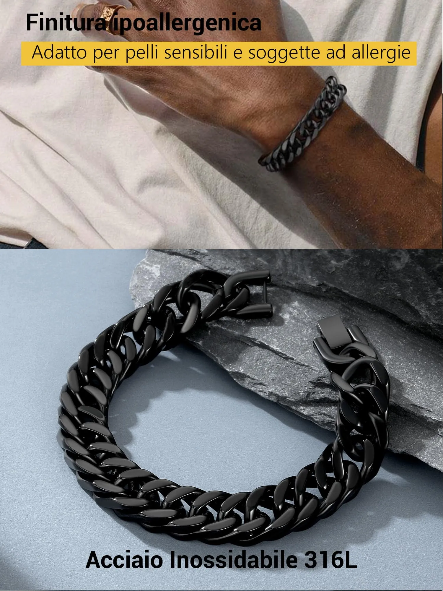 PROSTEEL Neutro Braccialetto Catena Cubana Ritorta 17mm Nero - immagine 8